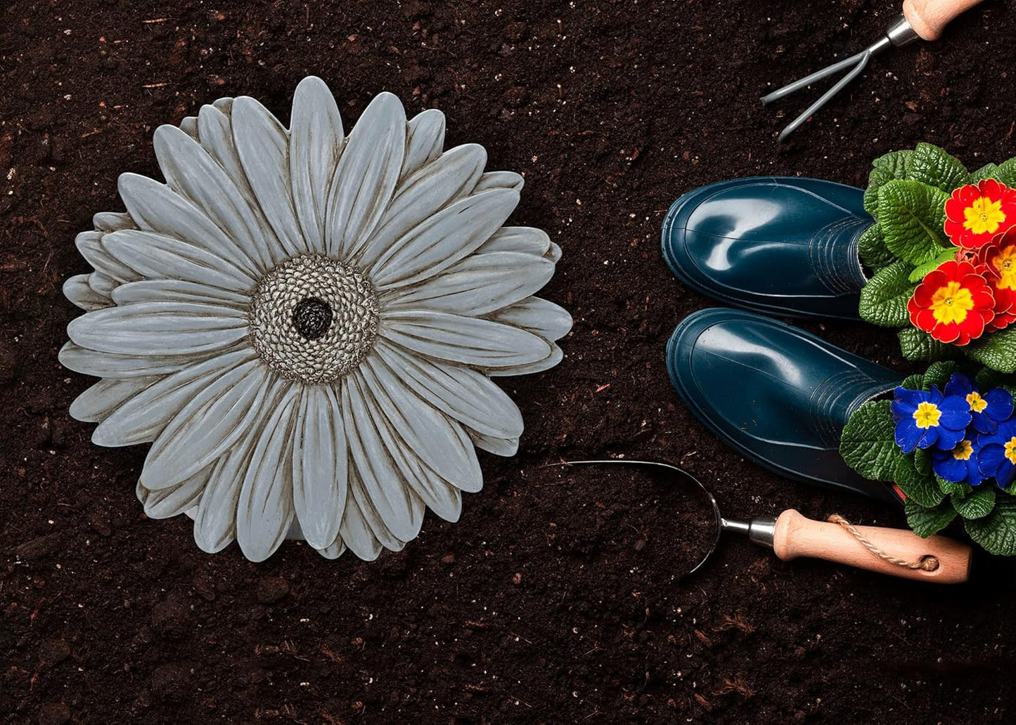 NAT & Jules Gerbera Daisy Flower Shaped Dimensional Indoor Outdoor 12 inch Cast Resin Decorative Garden Stepping Stone, Patio, Walkway Sculpture Yard Art, Stone Grey