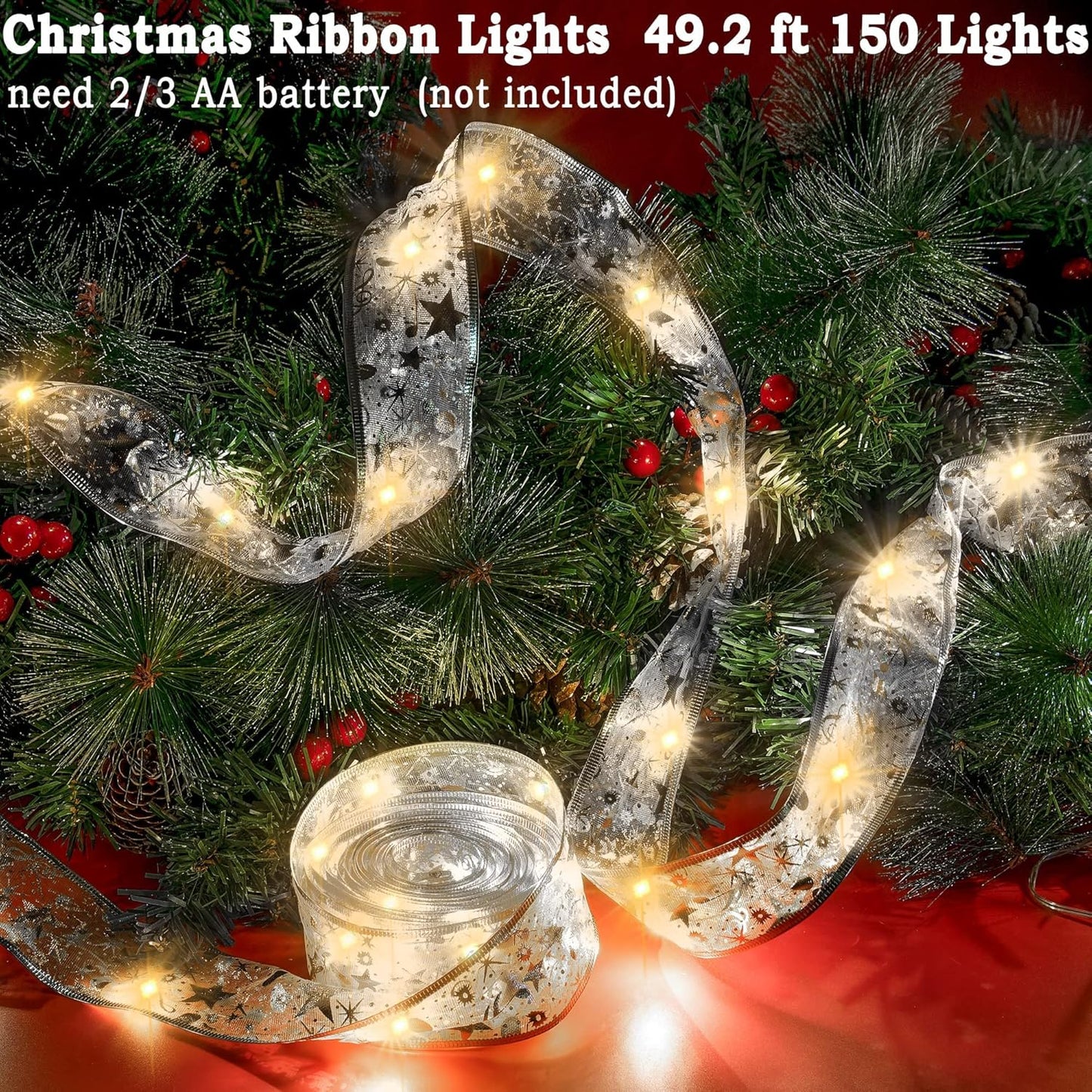 Minetom Christmas Tree Ribbon String Lights - 33ft 100 LED Battery Powered Fairy Lights with Timer