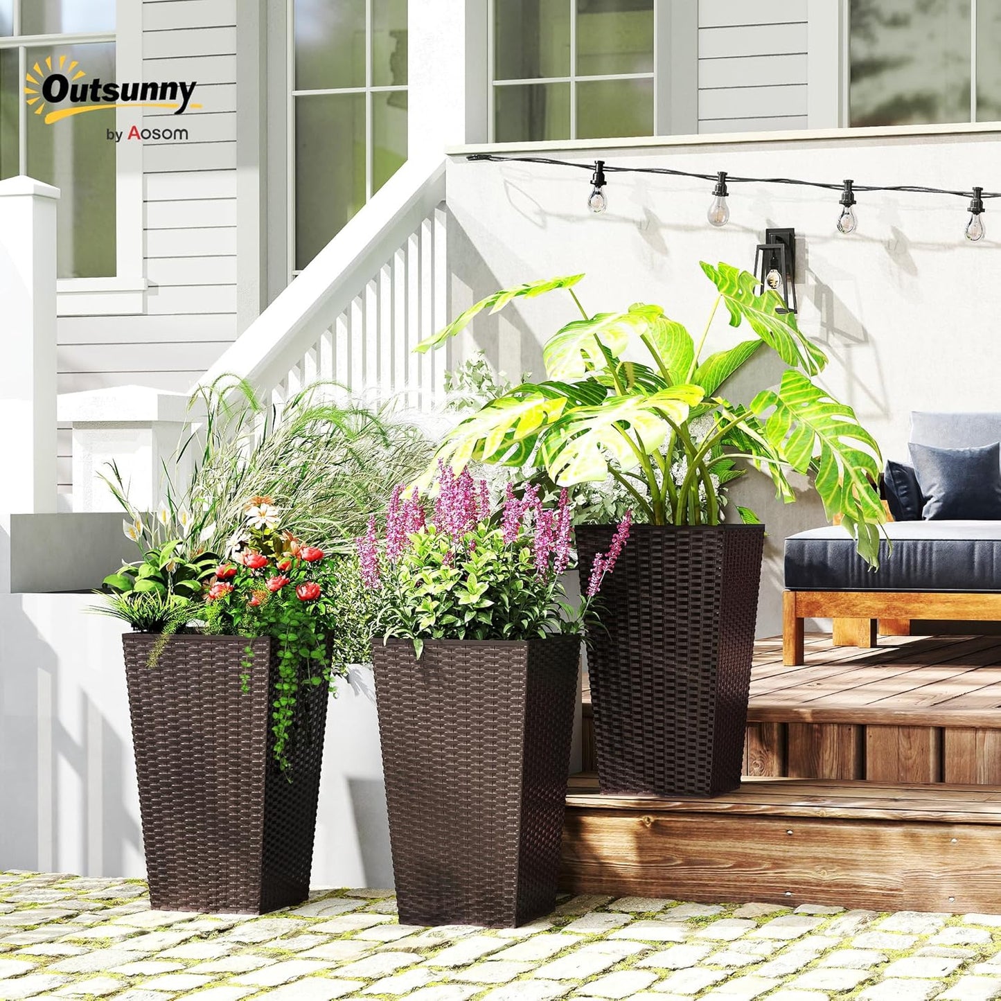 Outsunny Tall Planters for Outdoor Plants Set of 3, 24 in Taper Planters with Drainage Holes, Rattan Decor Plant Pots for Indoor Outdoor Front Porch Patio Backyard, Brown