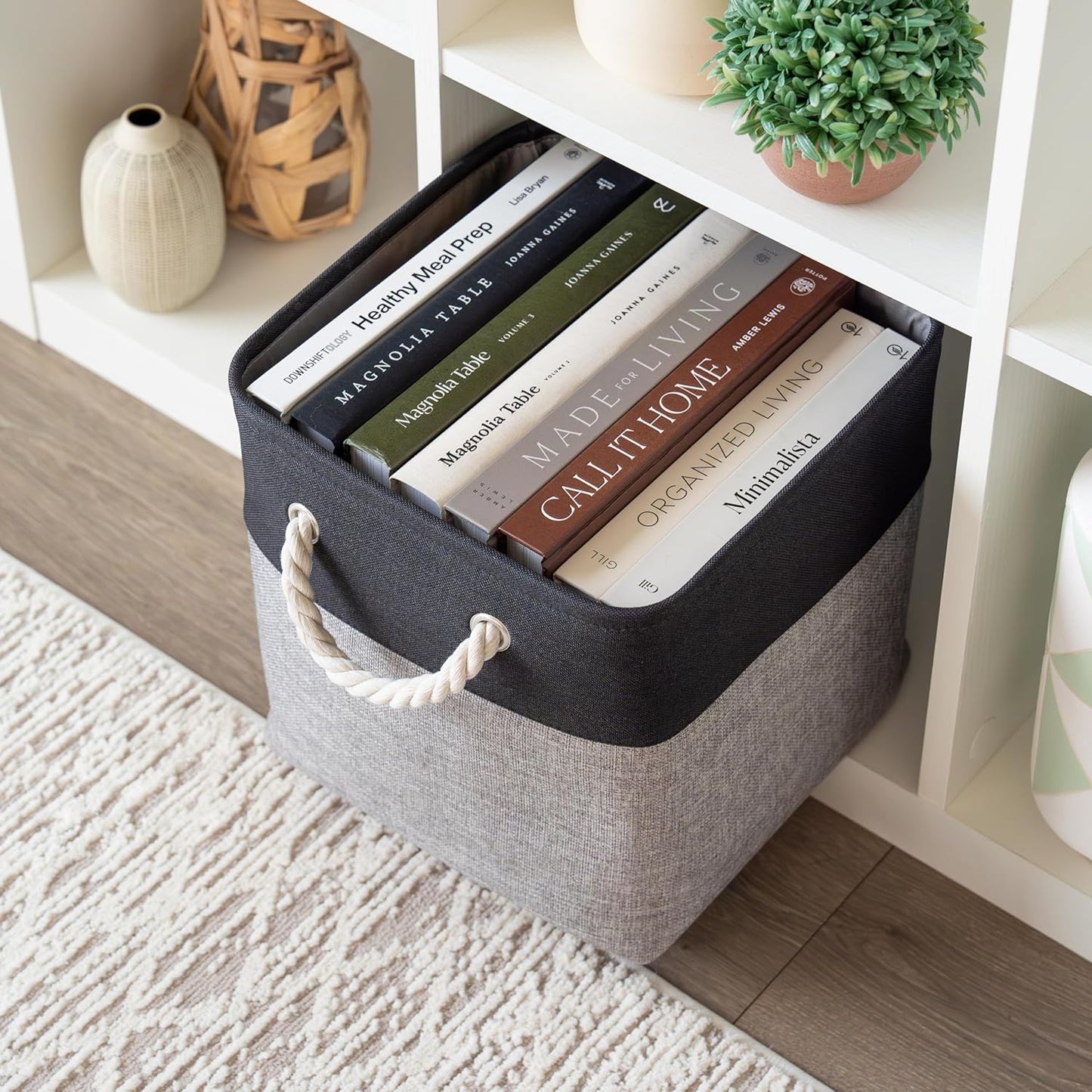 OrganiHaus 11x11 Cube Storage Bins 4 Pack, Foldable Cube Storage Organizer w/ Rope Handles, Collapsible Fabric Bins for Toys, Clothes & Closet Organization, Fabric Square Baskets - Gray/Black