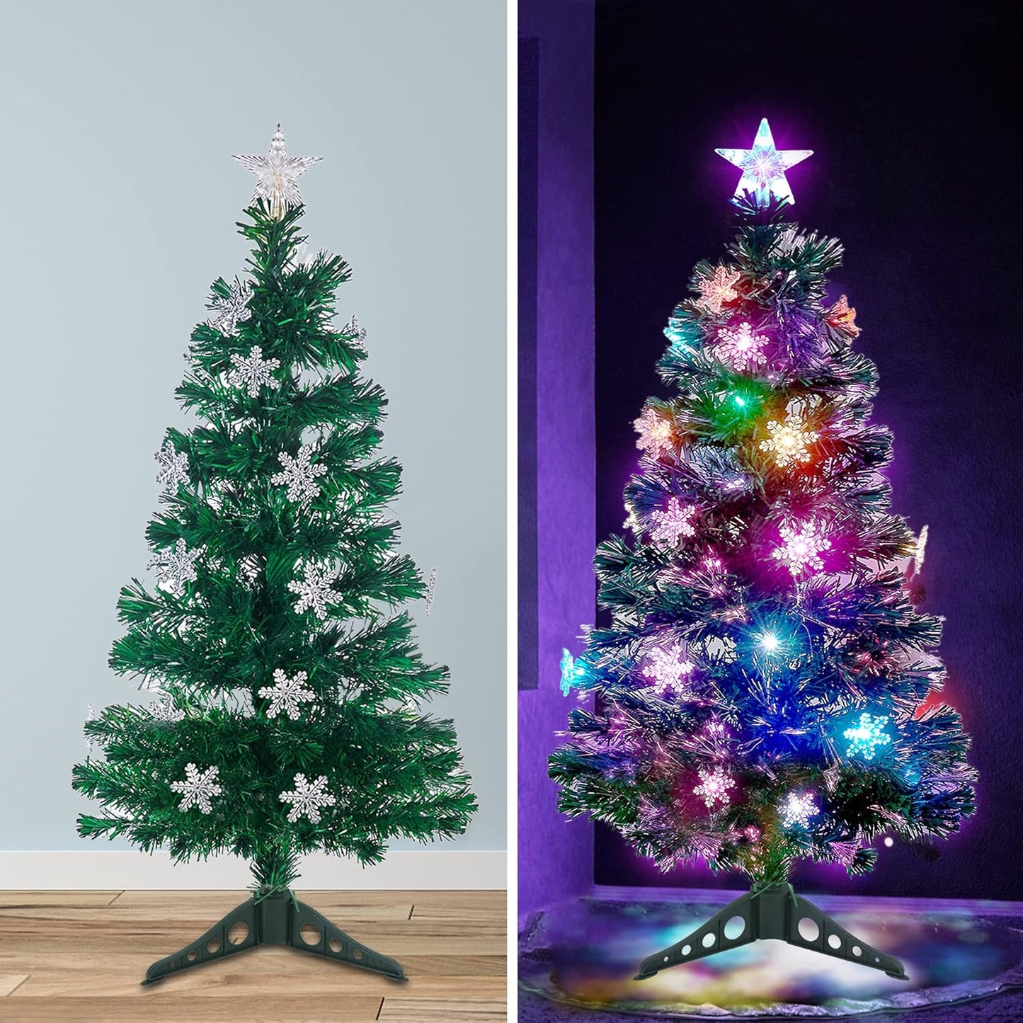 Prsildan 3 FT Artificial Christmas Tree, Pre-Lit Optical Fiber Xmas Trees with Multicolor LED Lights, Snowflakes & Top Star, Lighted Christmas Tree Holiday Home Decor