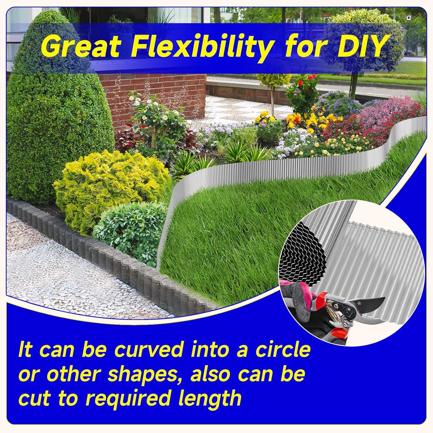 Corrugated Garden Edging,10"×20Ft Galvanized Steel Landscape Edging & Lawn Edging Border,Metal Garden Border for Flower Beds,Garden,Lawn,Raised Beds & Tree Surrounds(Silver)