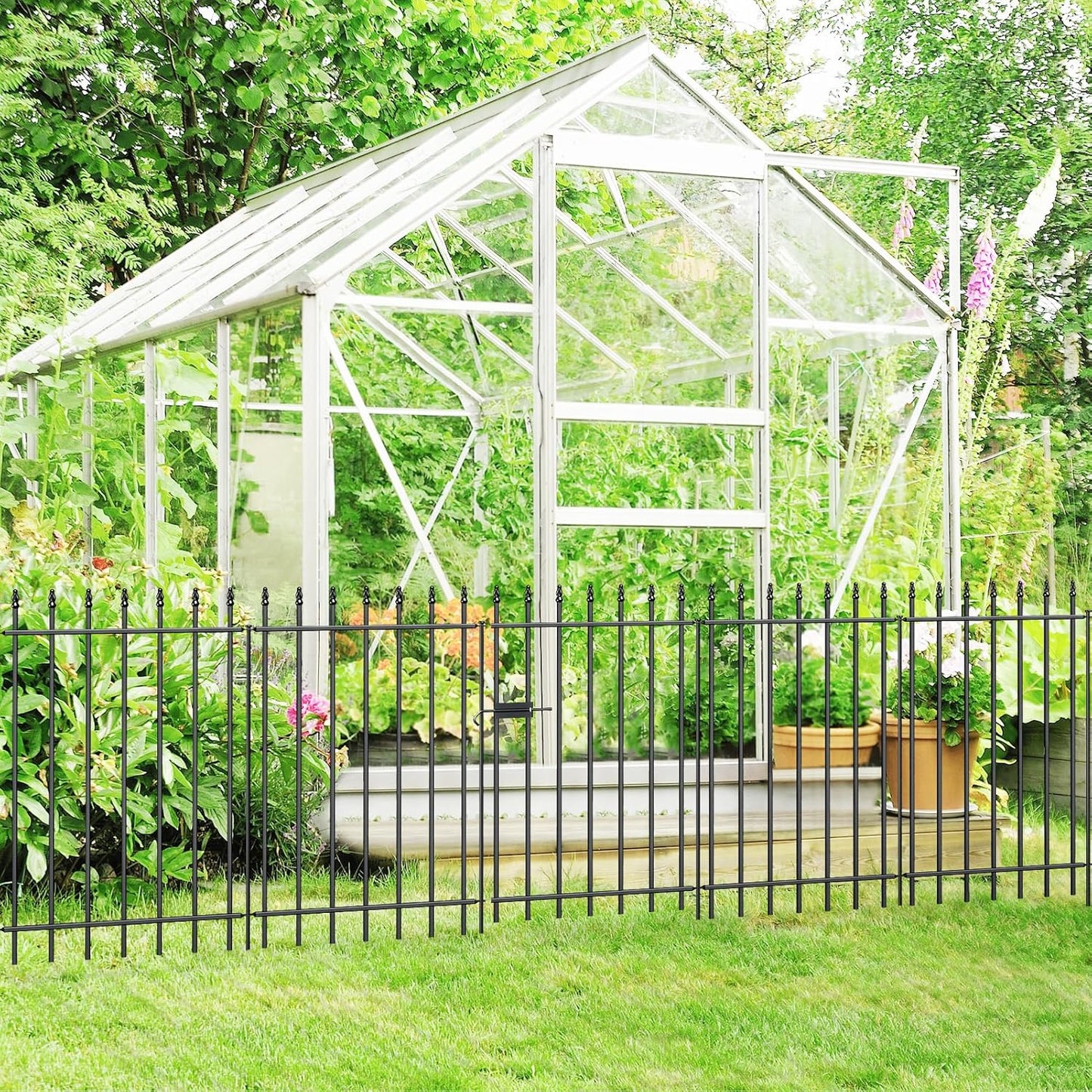 Metal Garden Fence with Gate 36 in H x 10 ft L, 1 Gate + 4 Panels Border Fence Panels Animal Barrier for Dogs, No Dig Garden Fencing for Yard Patio Flower Bed Lawn Outdoor, Black