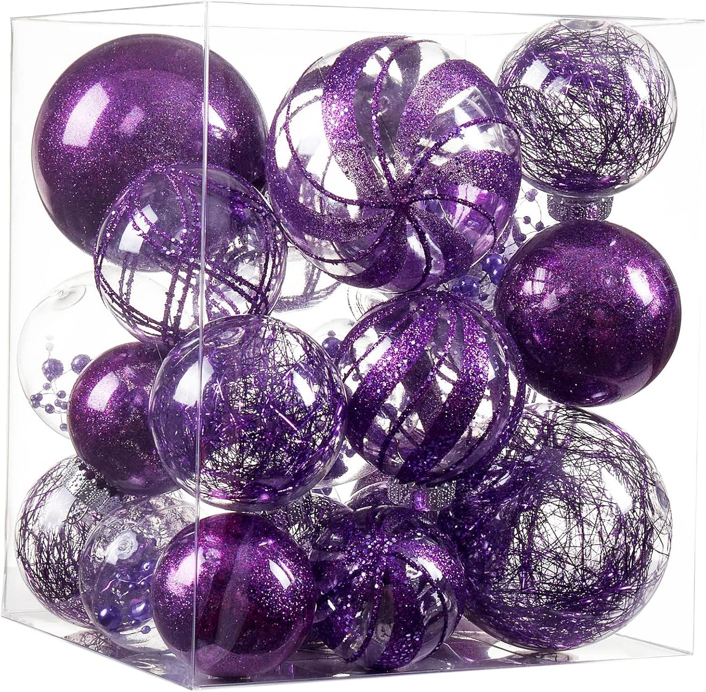 Clear Christmas Ball Ornaments,24ct Shatterproof Plastic Decorative Christmas Ornaments Hanging Xmas Tree Baubles Set with Stuffed Delicate Glittering Decorations for Holiday Party Home Decor(Purple)