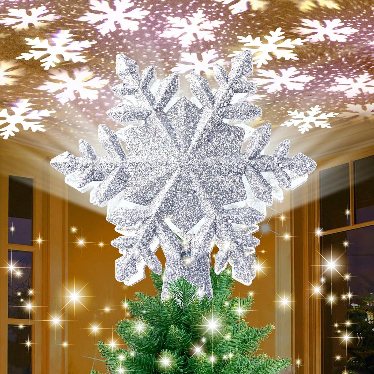 Snowflake Christmas Tree Toppers Lighted, with LED Rotating Snowflake Projector Lights for Indoor Outdoor Christmas Tree Decorations (Silver)