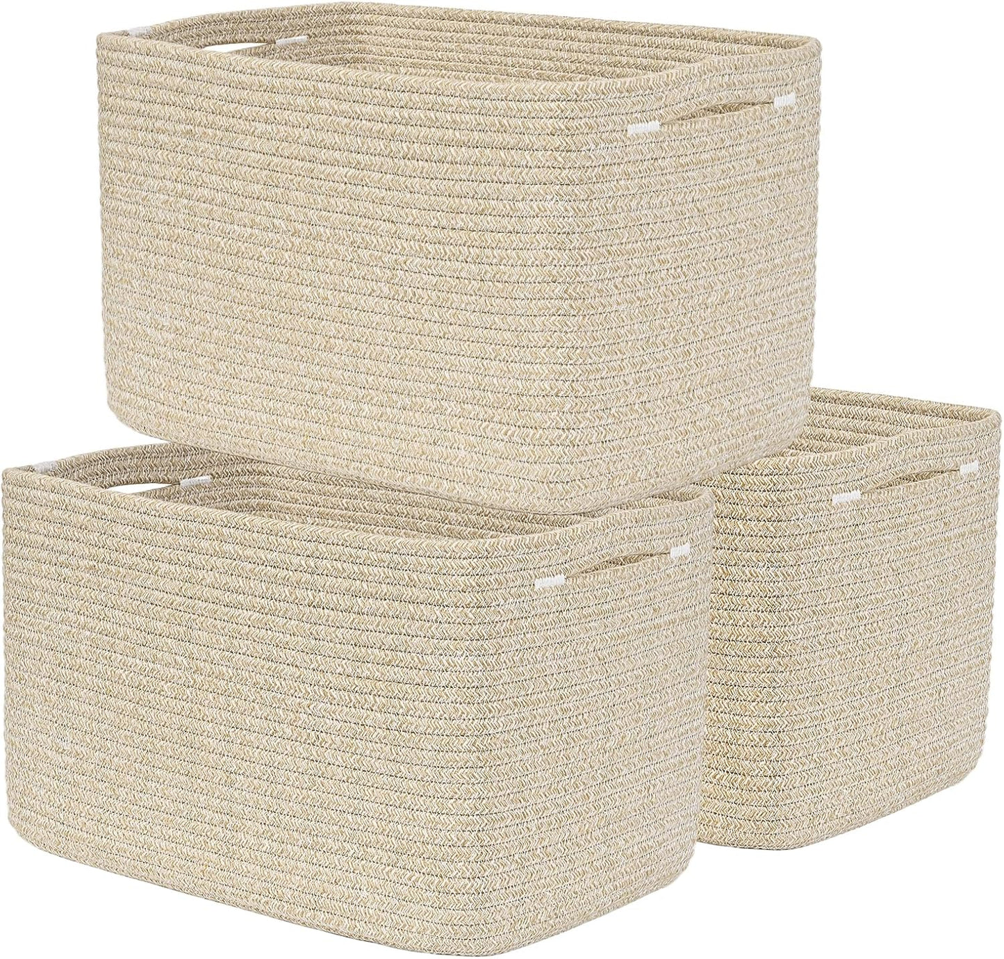 3-Pack Shelf Baskets for Organizing, Woven Storage Basket for Shelves, Cotton Rope Storage Bins for Toys Books, Nursery Towel Baskets for Classroom, 14.96"X9.8"X8.85", Brown
