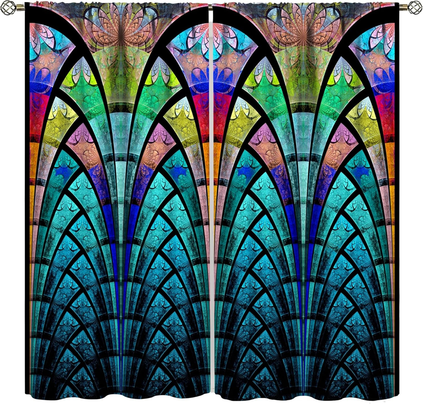 Stained Glass Curtains,Retro Design Style Colorful Abstract Art Home Decor Drapes for Bedroom Living Room Kitchen Window Treatment 2 Panels Set Total Size 55" W X 63" L Inch