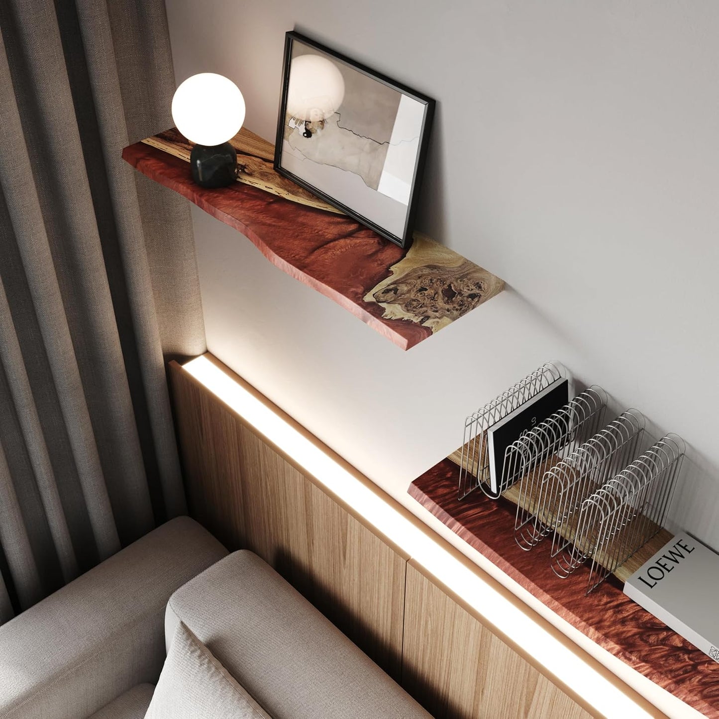 RWA Unique Floating Shelves for Wall Decor - Epoxy & Wood Wall Shelf Plank, Stylish Shelves for Room Wall Living Room Bedroom Office Organization - Elegant Wall Mounted Shelves Design (Small, amber)