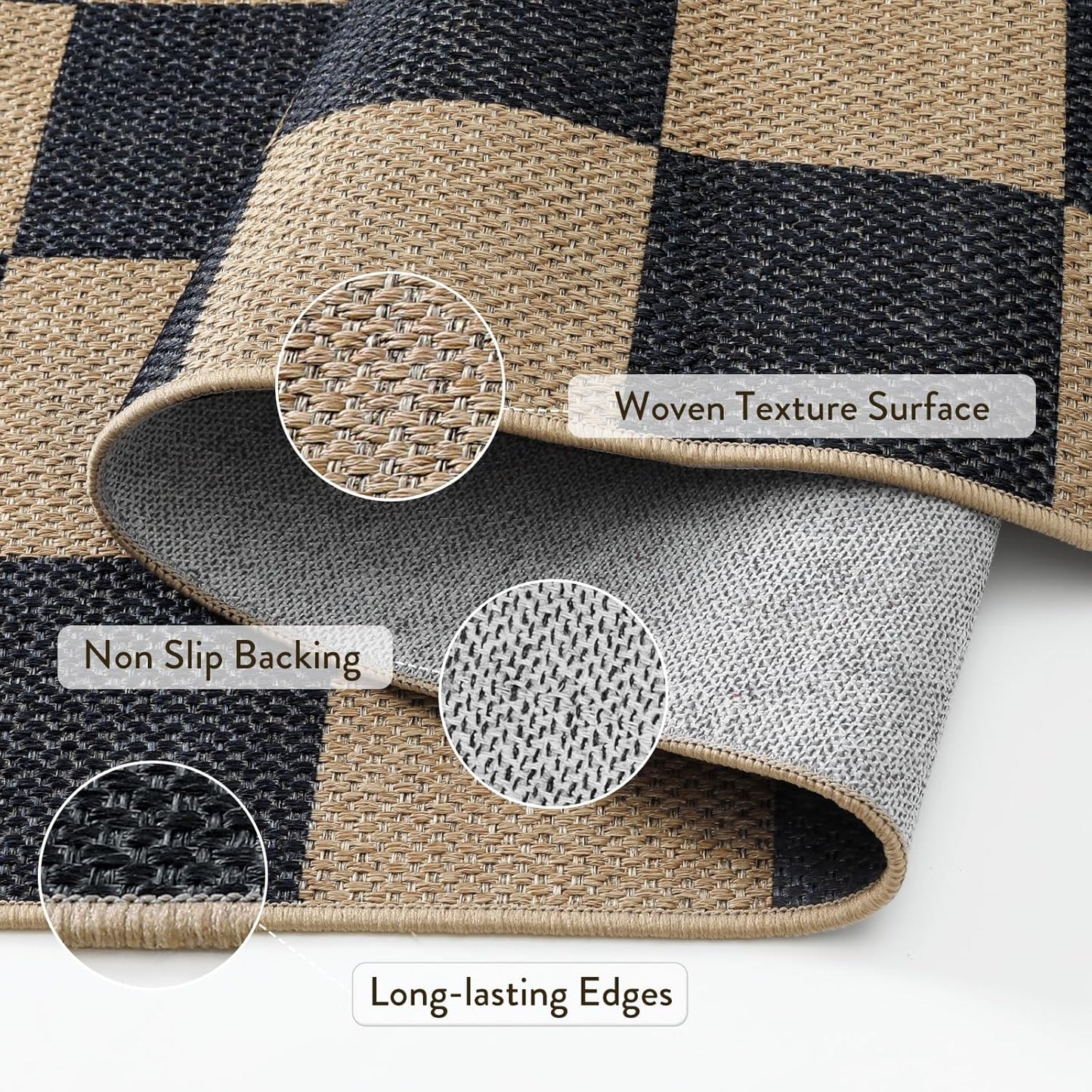 Lahome Checkered Round Rugs 6ft, Outdoor Patio Easy Jute Rug Indoor Outdoor Circle Carpet, Farmhouse Nature Non Shedding Non Slip Washable Black Carpet for Living Room Entry Deck