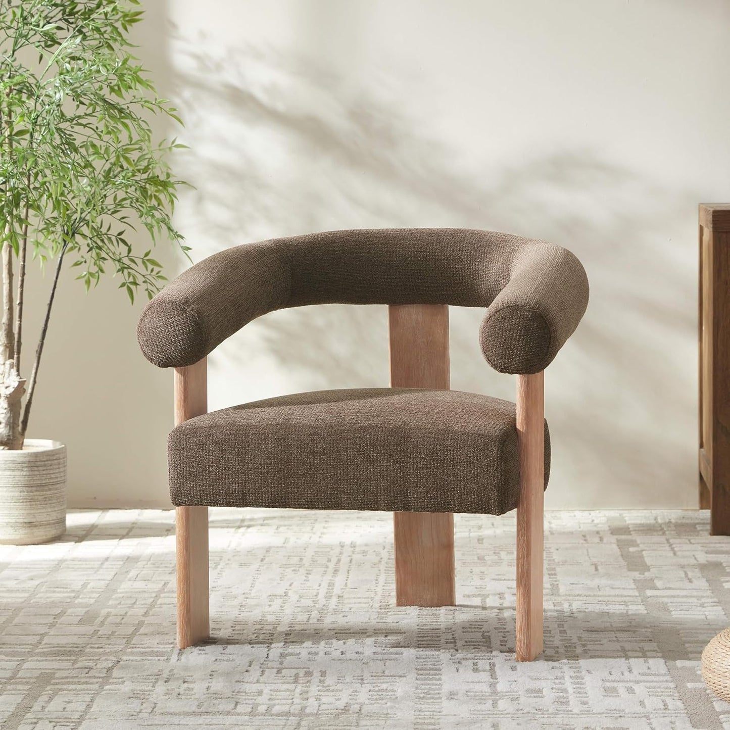 VKNOW Accent Chair Living Room Chair Set of 2, Modern Upholstered Armchair with Solid Wood Legs, Comfy Barrel Arm Chairs for Living Room Bedroom, Brown