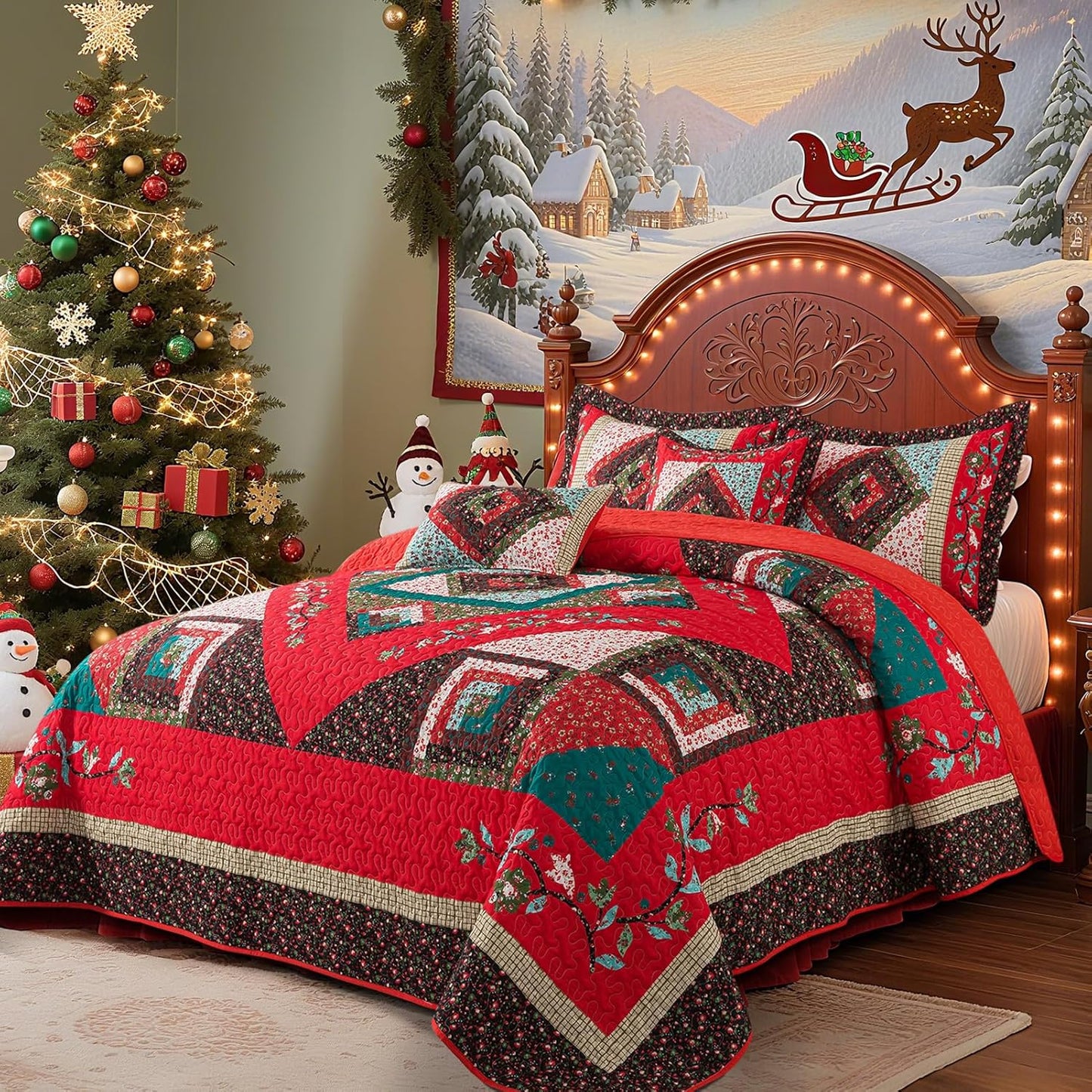 VAPUTAR Cotton Queen Quilt - Christmas Queen Size Quilt Bedding Set for Bed - Lightweight Farmhouse Bedspread with 2 Pillow Shams, 90x98 Inch All-Season Coverlet