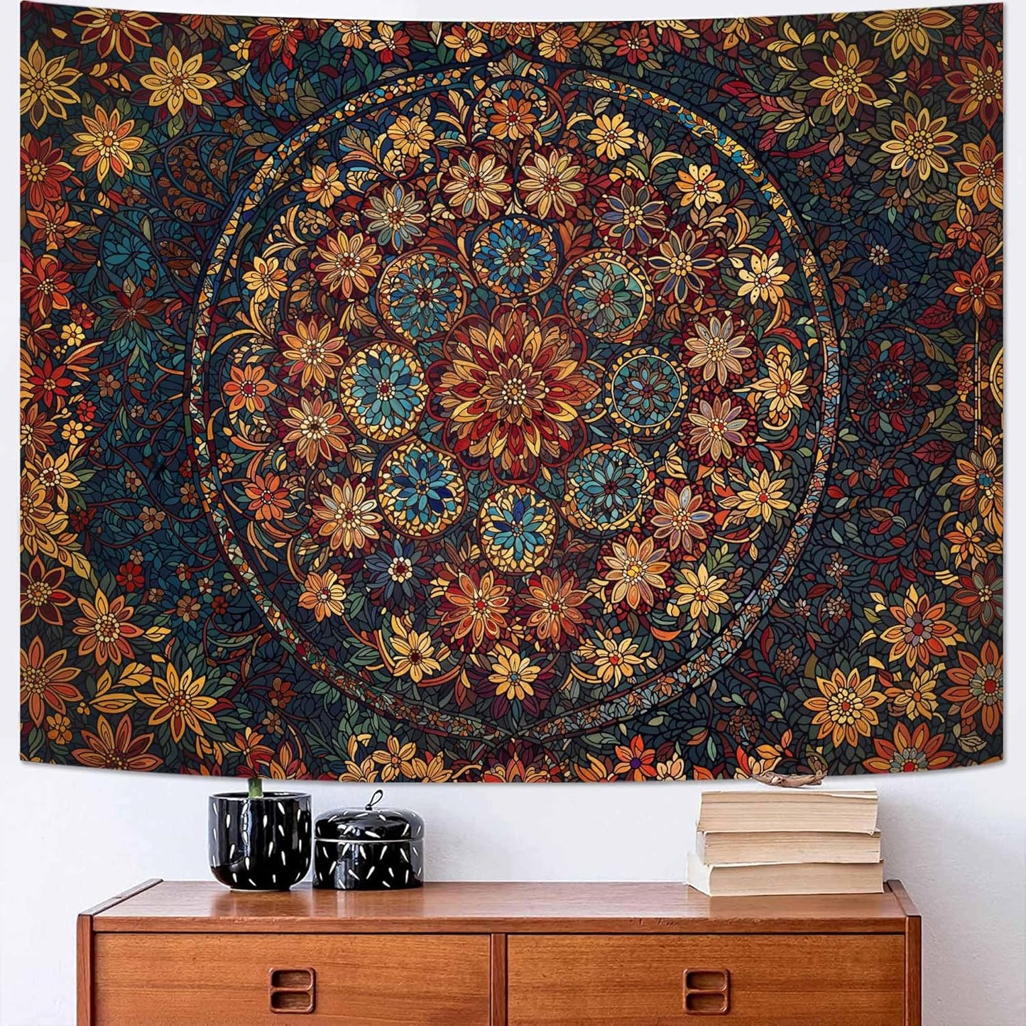 Fowocu Boho Floral Mandala Tapestry Wall Hanging Vintage Bohemian Flower Medallion Tapestry Aesthetic Orange Stained Glass Hippie Small Tapestries for Bedroom Living Room Dorm Decor 48 x 36 Inch