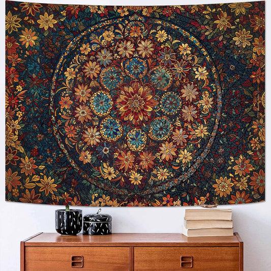 Fowocu Boho Floral Mandala Tapestry Wall Hanging Vintage Bohemian Flower Medallion Tapestry Aesthetic Orange Stained Glass Hippie Small Tapestries for Bedroom Living Room Dorm Decor 48 x 36 Inch