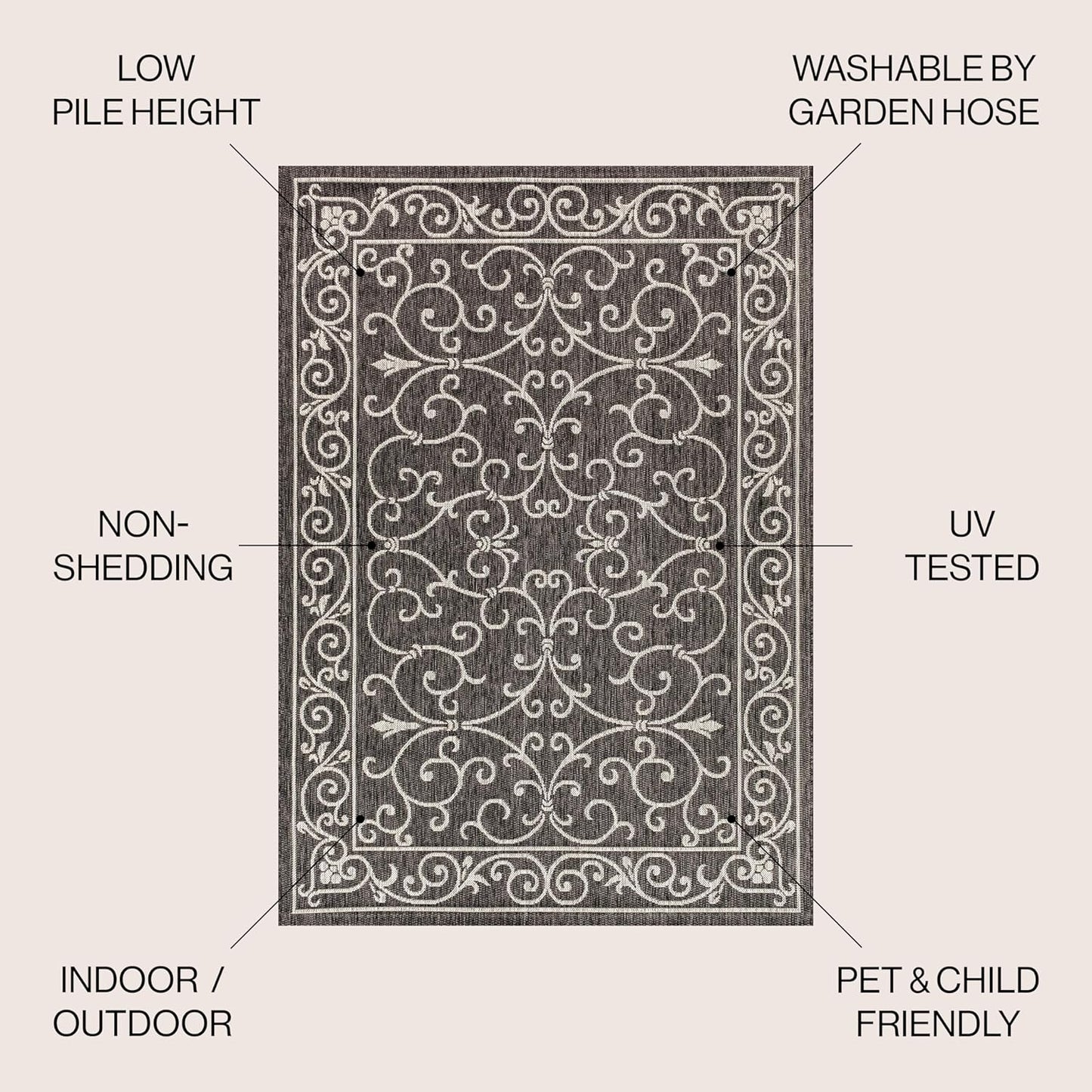 JONATHAN Y Vintage Filigree Indoor Outdoor Round Area Rug 6 Ft Black/Gray, Charleston Textured Weave for Backyard, Patio, Porch, Easy-Cleaning, High Traffic, Pet-Friendly, Non-Shedding (SMB106G-6R)