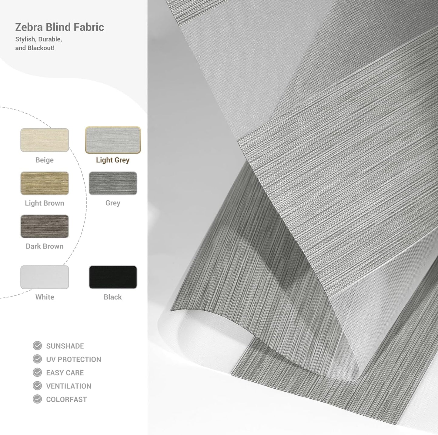 Cordless Zebra Blinds for Windows, Blackout Interior Blinds,Easy to Install,UV Protection,for Offices and Home,Custom Roller Shades, Mousse Light Grey,44" W x 48" H