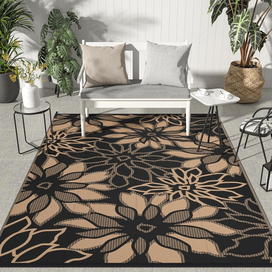 GENIMO Outdoor Rug Waterproof for Patio Decor, 9' x 12' Reversible Plastic Straw Floral Camping Carpet, Large Area Rugs Mats for RV, Camper, Deck, Balcony, Porch, Beach, Picnic, Black & Brown