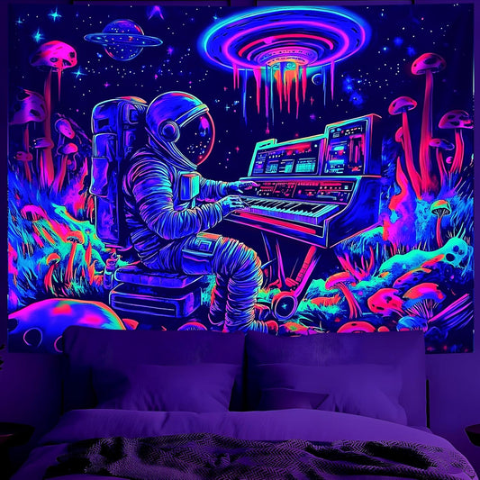 BVBOX Astronaut Space Blacklight Tapestry 90"x70", UV Reactive Astronaut Electronic Piano Universe Galaxy Planet Glow in Dark Music Tapestries, Black Light Neon Upright Poster Wall Hanging Backdrop Decor for Bedroom Living Room