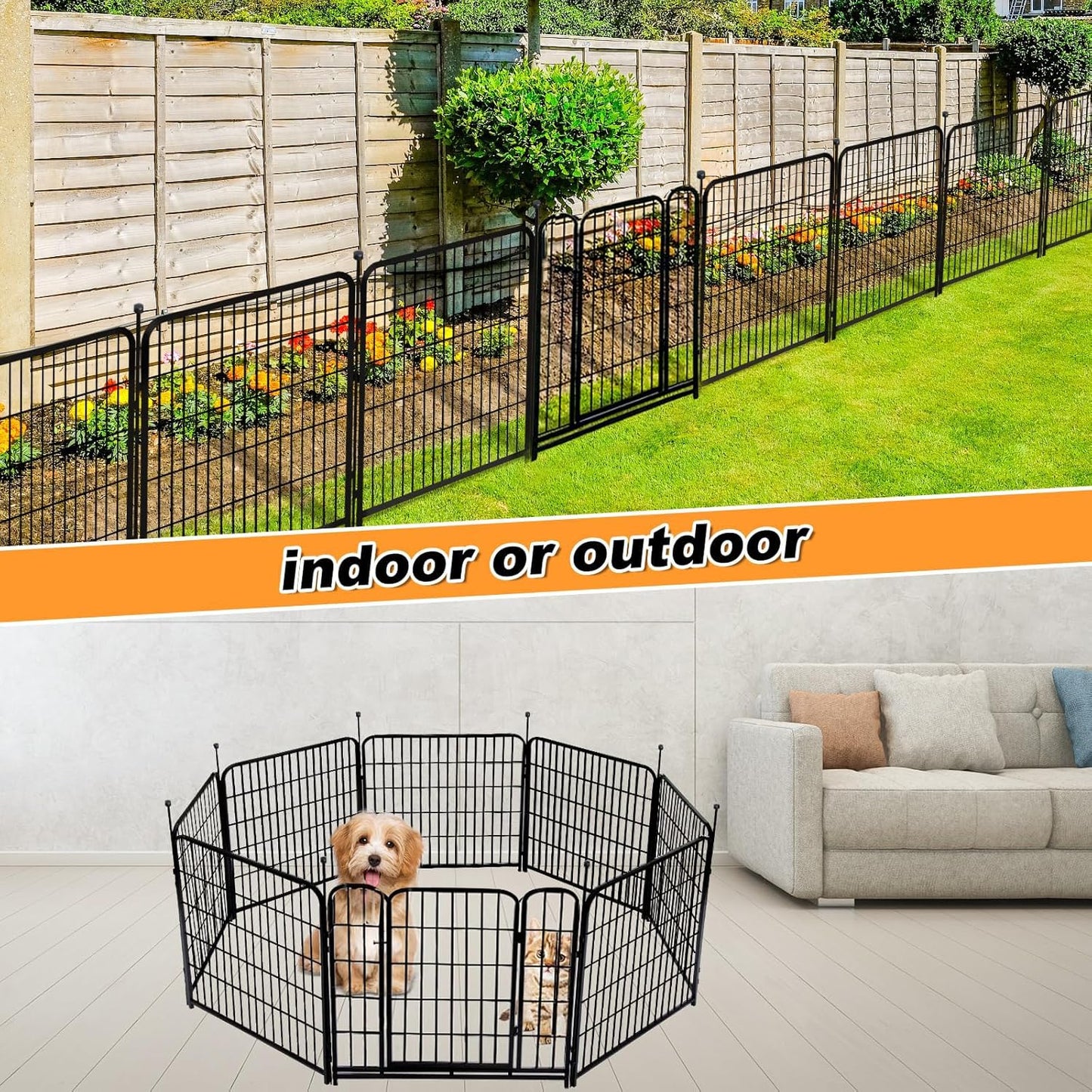 Garden Fence with Gate 32 in(H)×27 in(L) 4 Panels,Fence Blocker for Dogs, Heavy Duty Iron Animal Barrier Fence,Suitable for Indoor Pet Or Outdoor Dog Fencing, Total 8.9 Ft(L), Black