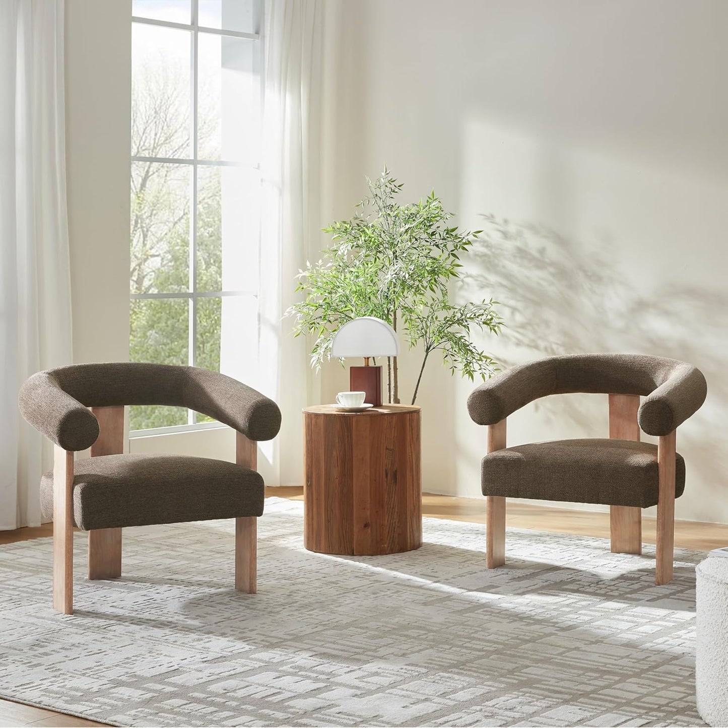 VKNOW Accent Chair Living Room Chair Set of 2, Modern Upholstered Armchair with Solid Wood Legs, Comfy Barrel Arm Chairs for Living Room Bedroom, Brown