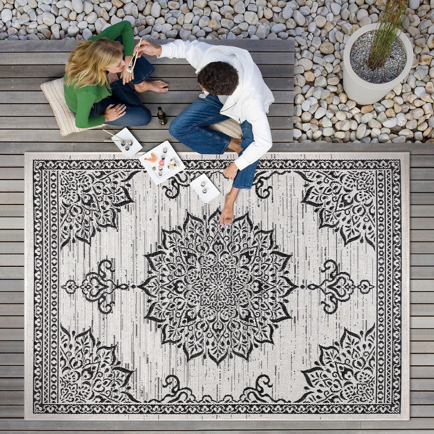 CAMILSON Outdoor Rug, 5x7 Medallion White Black Modern Area Rugs for Indoor and Outdoor Patios, Kitchen and Hallway Mats, Washable Porch Deck Outside Carpet (Medallion White, 5 x 7)