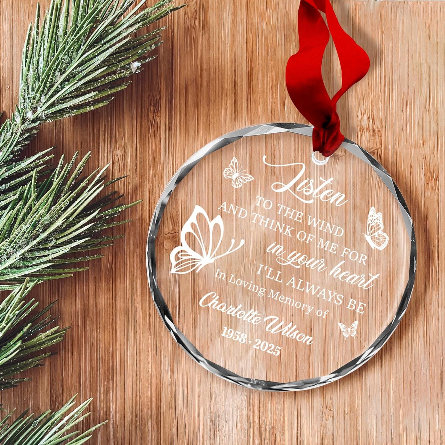 Personalized Memorial Christmas Ornament – Custom Angel Heaven Ornament for Loss of Loved One – Listen to The Wind Glass Sun Catcher – Family Remembrance Gift for in Loving Memory