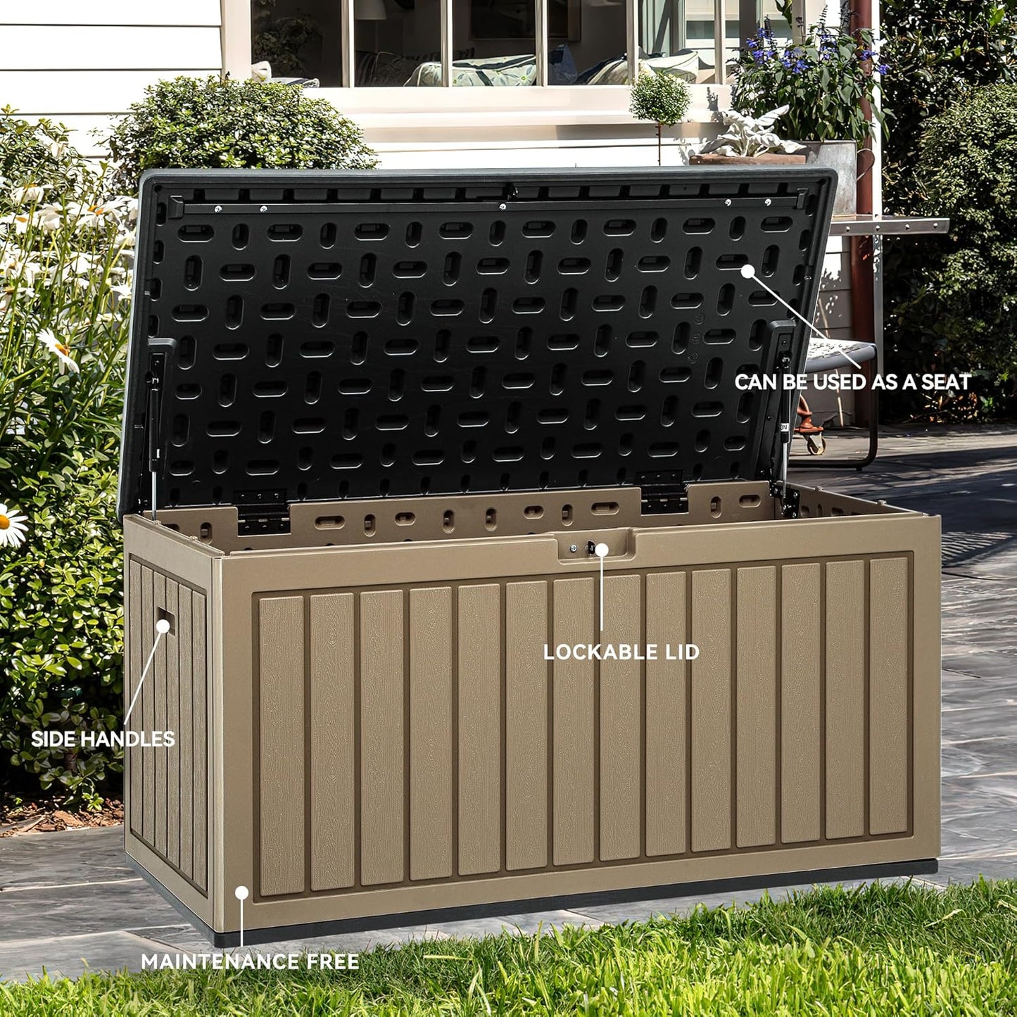 YITAHOME 90 Gallon Double-Wall Deck Box with Side Handles, Outdoor Large Storage for Patio Furniture Cushions, Garden Pool Accessories, Water Resistant & Lockable