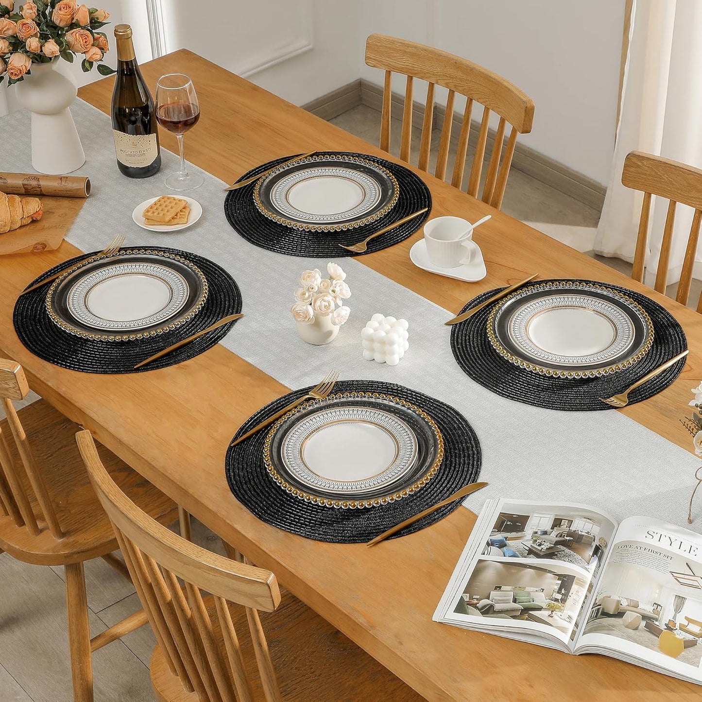Leetaltree Round Placemats Heat and Slip Resistant Cotton Table Mats, Washable Bohemian Placemats for Dining Tables (Black, Set of 12)