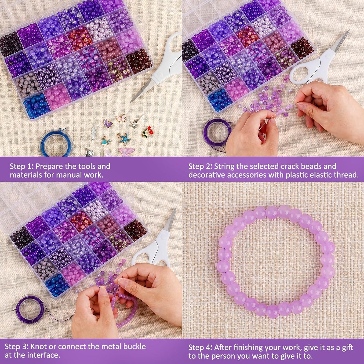 XSEINO About 1200PCS 6mm Glass Beads Bracelet Making Kit,24 Assorted Violet Elegant Series Colorful Crystal Beads for Bracelet and Jewelry Making and DIY Crafts,Friendship Bracelets