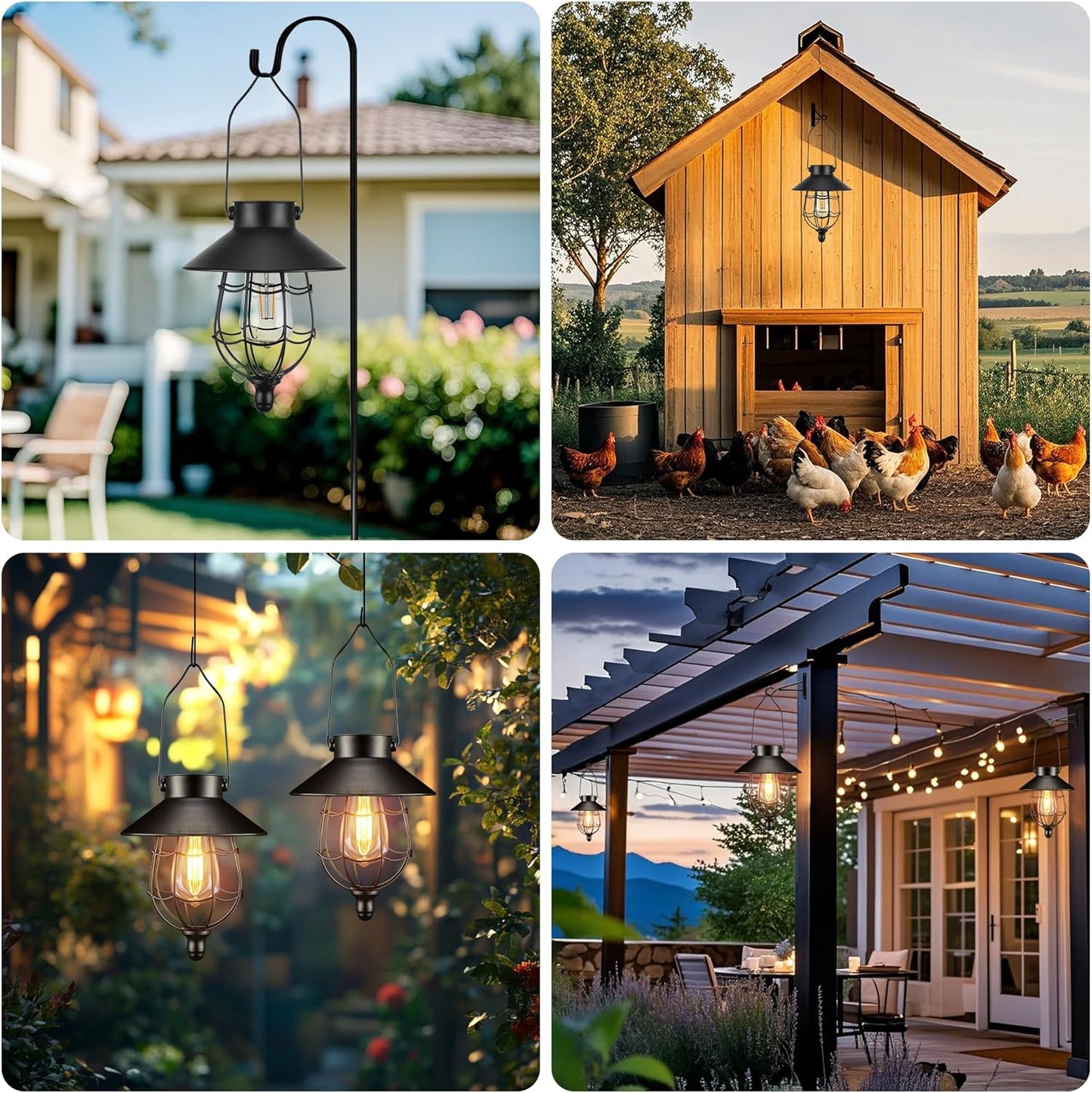 pearlstar 2 Pack Solar Lantern Outdoor Hanging Light Waterproof Metal Solar Lamp for Yard Garden Pathway Patio Porch Decor(Black)