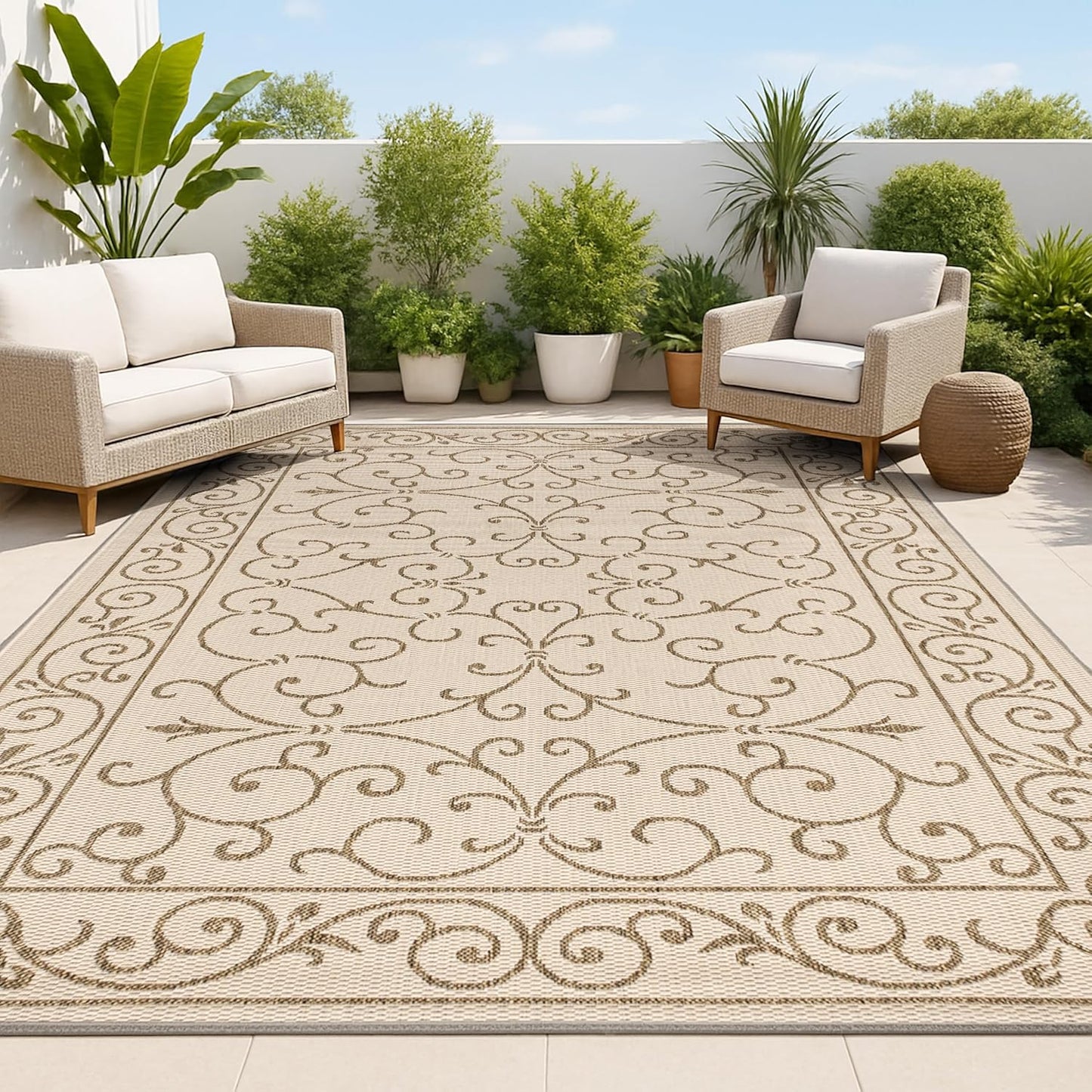 JONATHAN Y Vintage Filigree Indoor Outdoor Area Rug 6X9 Beige/Brown, Charleston Textured Weave for Backyard, Patio, Porch, Easy-Cleaning, High Traffic, Pet-Friendly, Non-Shedding (SMB106A-6)