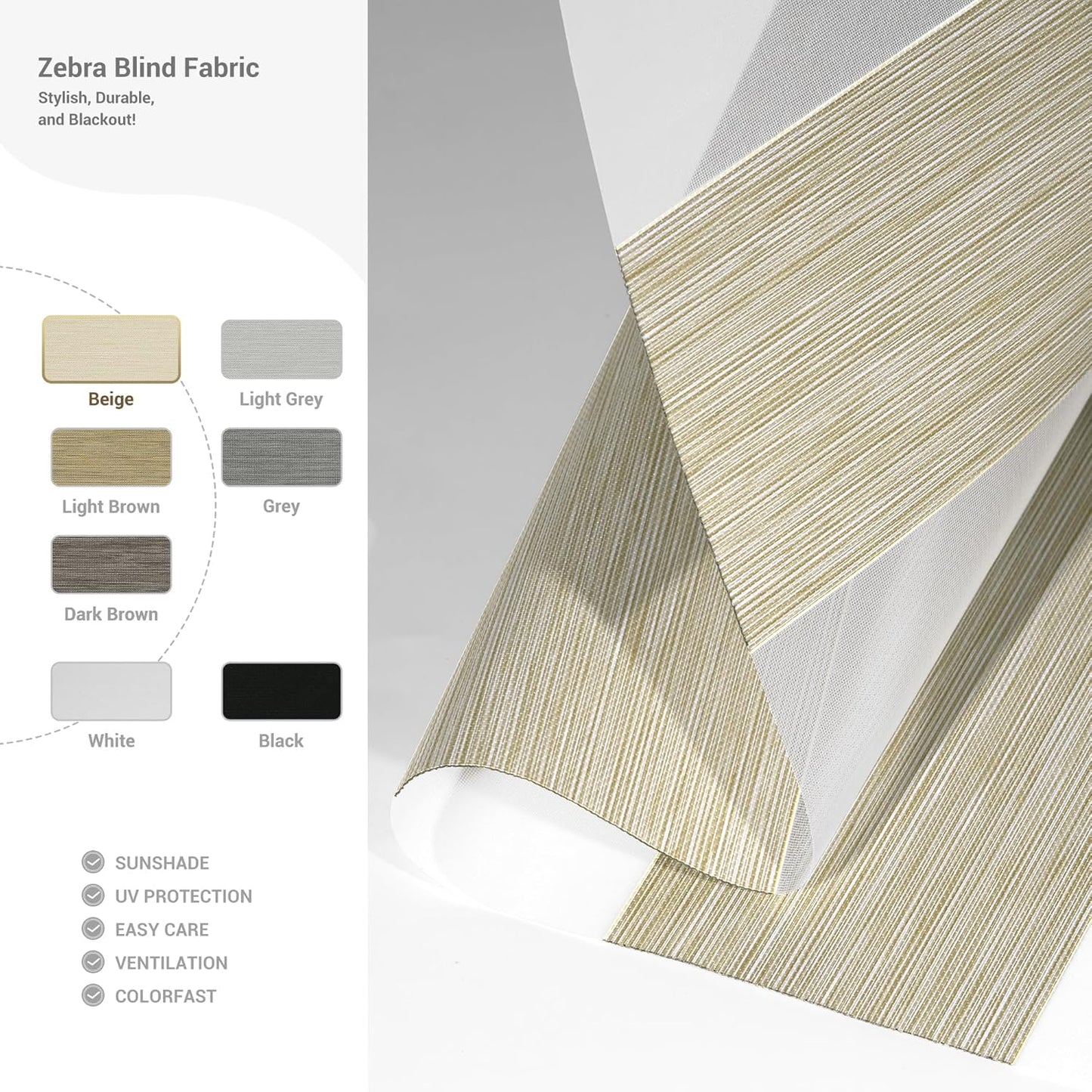 Cordless Zebra Blinds for Windows, Blackout Interior Blinds,Easy to Install,UV Protection,for Offices and Home,Custom Roller Shades, Mousse Beige,33" W x 56" H