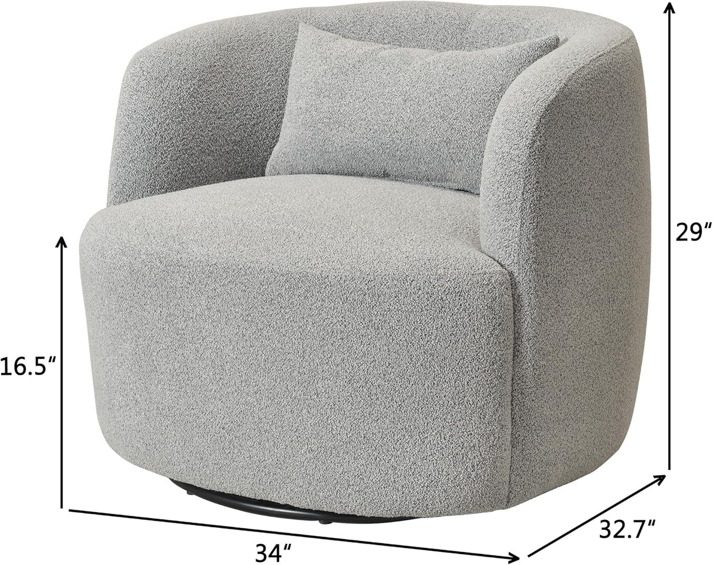KINWELL 34" Wide Sherpa Swivel Barrel Chairs Set of 2, No Assembly Round Boucle Upholstered Accent Chairs Armchairs Single Sofa Chair with Toss Pillow for Living Room and Bedroom, Gray