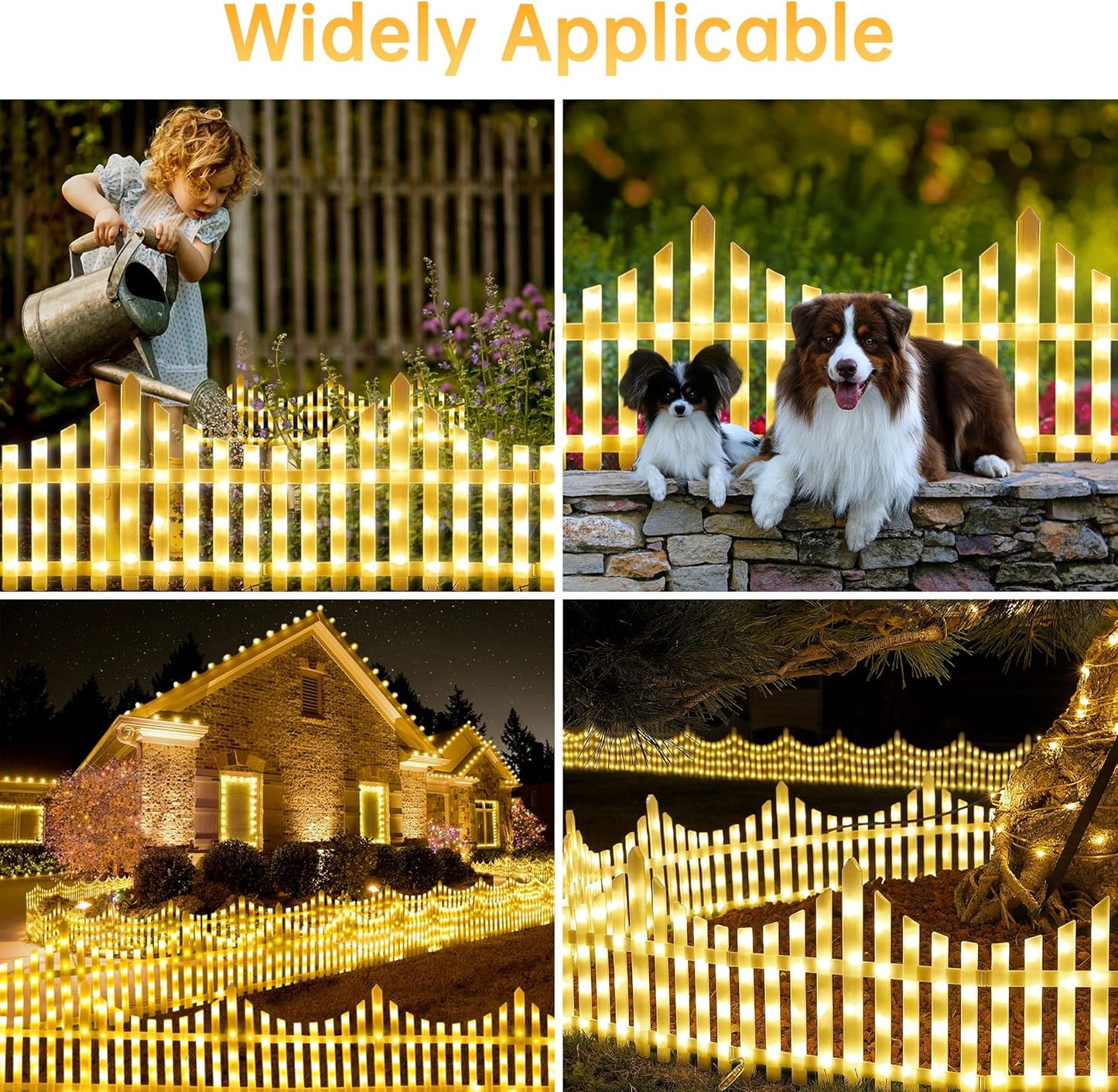 Hopolon 8 Pack 36LED Lighted Garden Fence,13.7x11.8inch Christmas Tree Fence Lights Plug in,8 Modes White Plastic Edgings Picket Decorative Fence for Landscape Patio Yard Path Home Xmas,Warm White