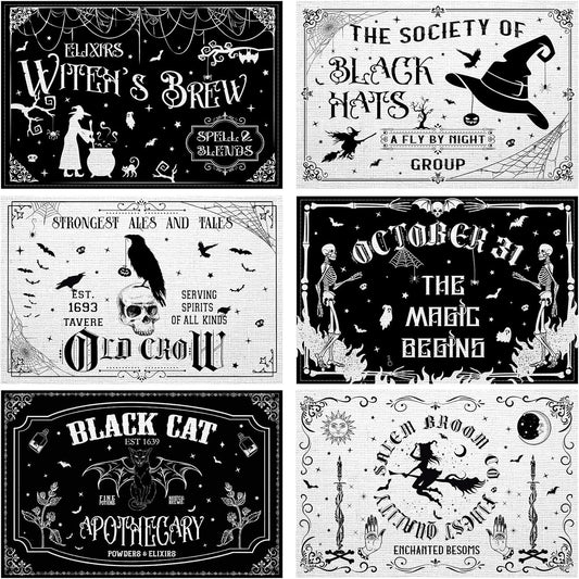 Umigy 6 Pcs Halloween Placemats 12"x18" Gothic Bat Placemats Kitchen Decoration Washable Witch Place Mats Rectangle Skull Table Mats for Halloween Dining Table Accessories(Black White Character Style)