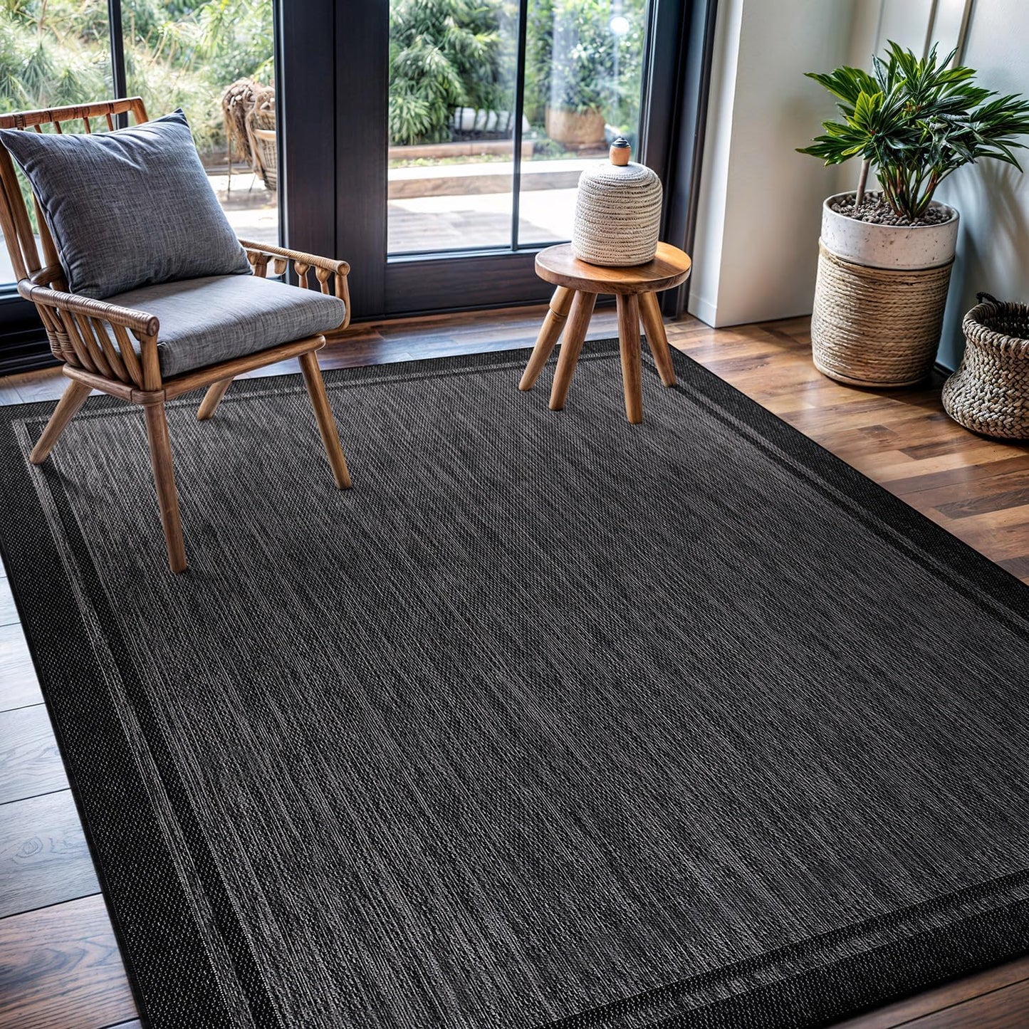 CAMILSON Indoor Outdoor Rug, 6x9 Bordered Dark Grey Black Modern Area Rugs for Indoor and Outdoor Patios, Kitchen and Hallway Mats, Washable Porch Deck Outside Carpet (Bordered Black, 6 x 9)