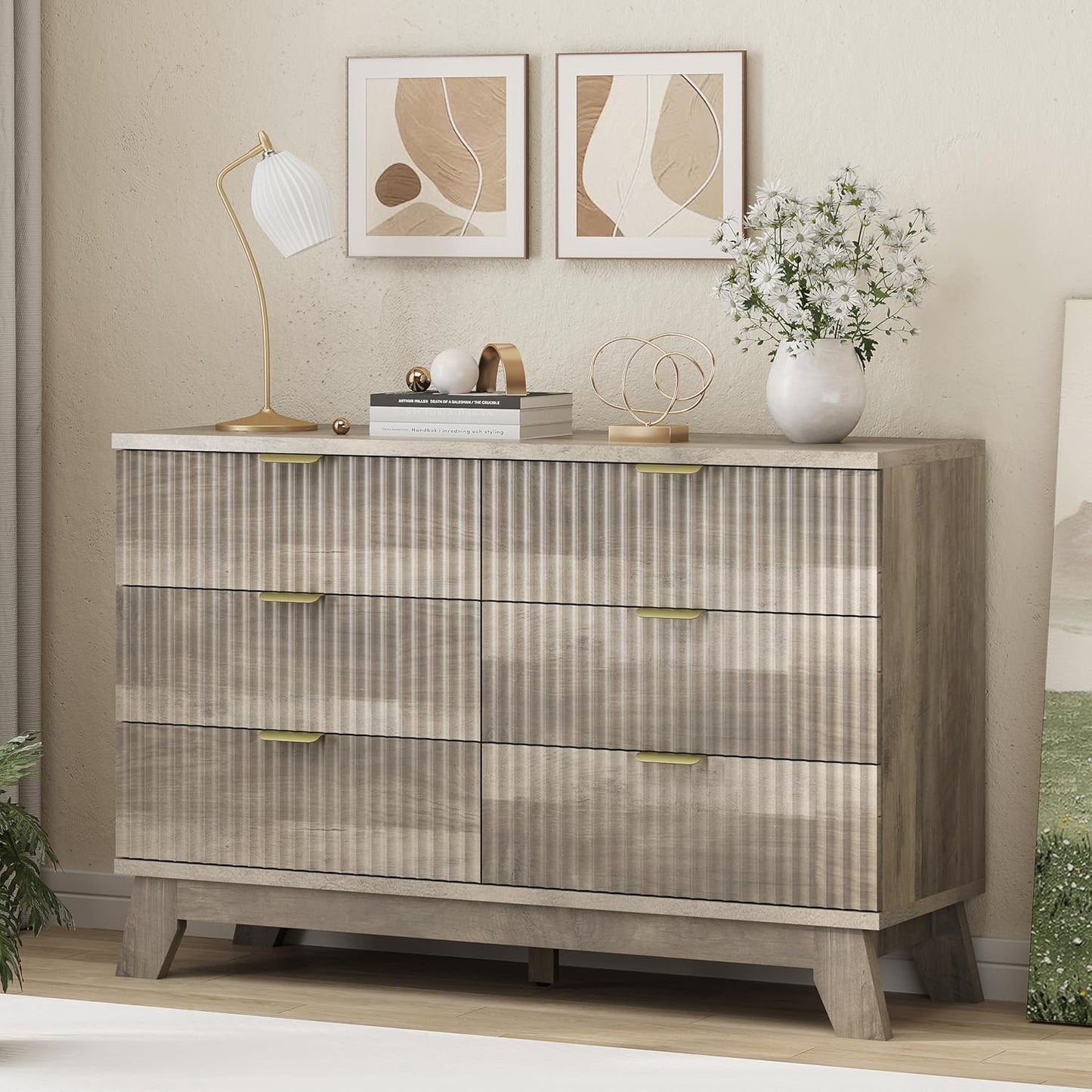 Fluted Dresser for Bedroom with 6 Drawers, 48" Wide Modern Chest of Drawers with Metal Handle, Wooden Dresser TV Stand, Wood Closet Clothes Storage Organizer for Living Room, Hallway, Grey