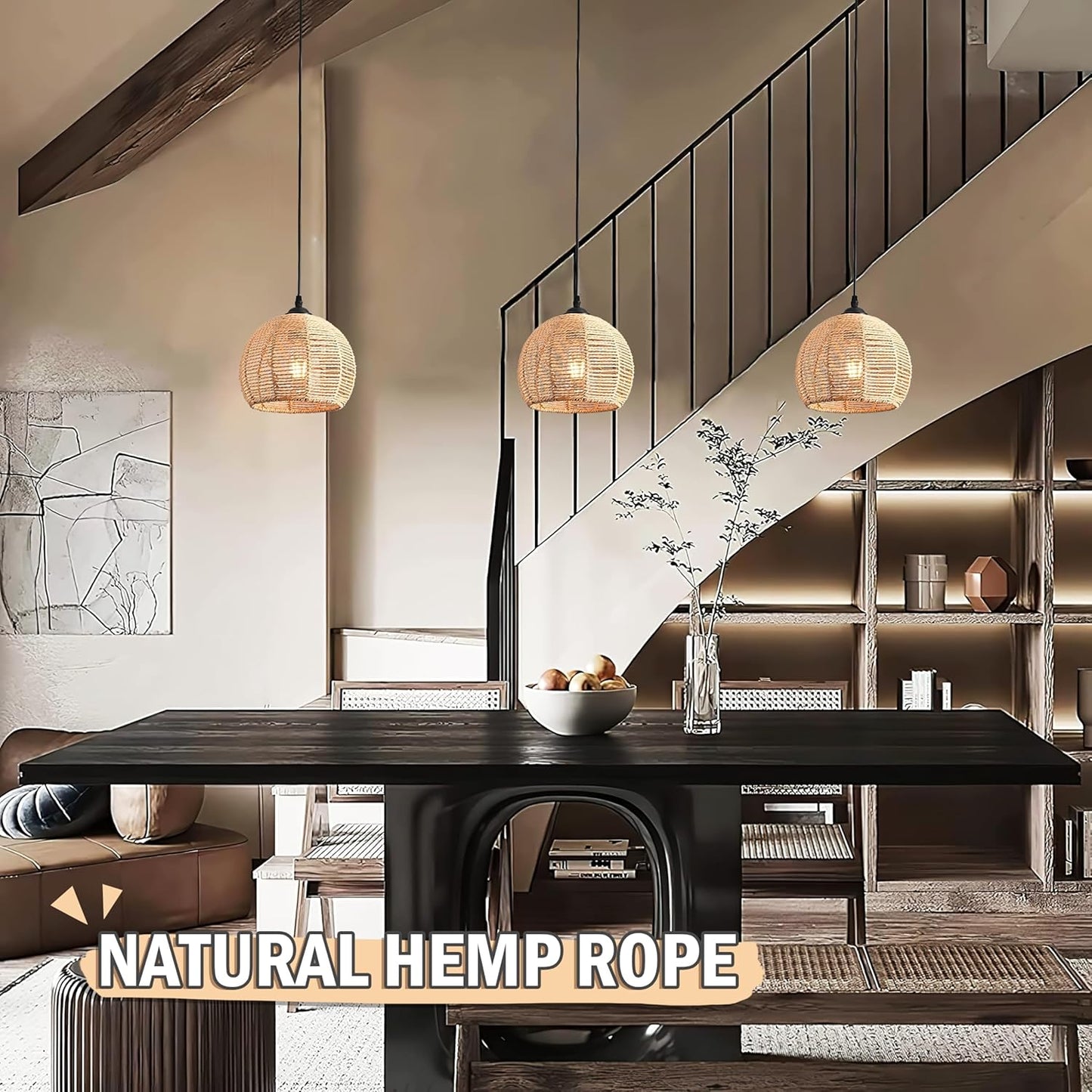 Mini Hemp Rope Woven Pendant Light Woven Light Fixture Boho Chandelier Light Fixture Wicker Pendant Light Rattan Light Pendant Dome Wicker Chandelier for Bedroom Kitchen Island(Bulb Incl.)