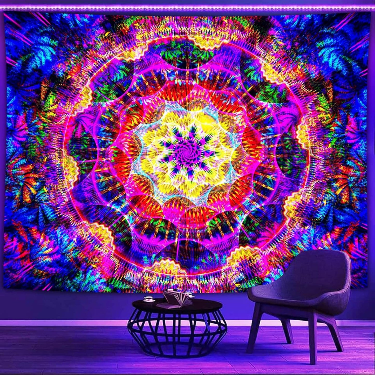 PSYHILAR Blacklight Mandala Tapestry for Bedroom, Psychedelic Black Light Posters for Adults and Teens, Colorful UV Reactive Aesthetic Bohemian Art Wall Hanging Decor (60 x 50 Inches)