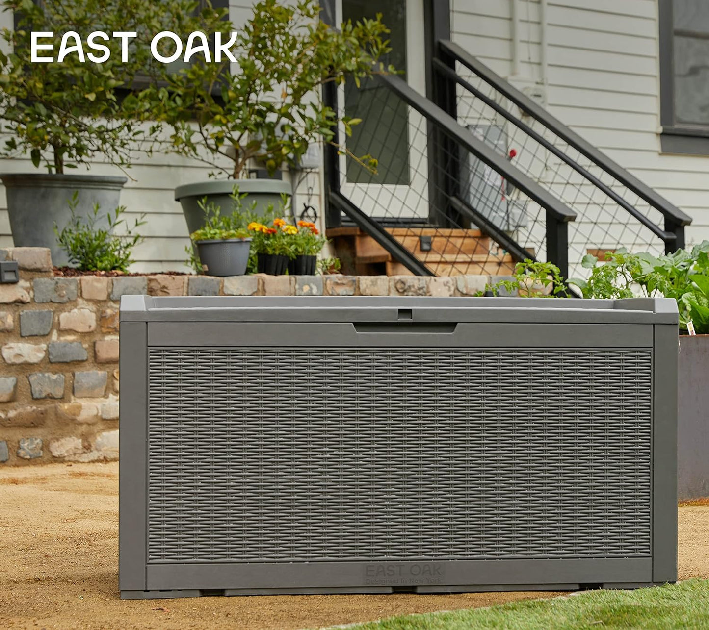 EAST OAK Outdoor Storage Box, 100 Gallon Deck Box, Waterproof Resin Storage Bench for Patio Cushions, Gardening Tools, Pool Accessories, Lockable, UV Resistant, Grey