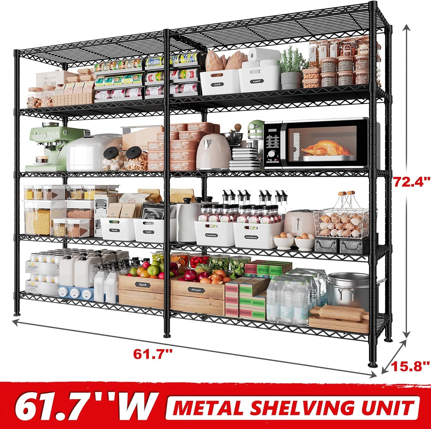 REIBII 5-Tier Heavy Duty Metal Wire Shelves, Industrial Style, 61.7"W x 72.4"H x 15.8"D, 1500 LBS Capacity, Adjustable, Rust Resistant, 2 Pack