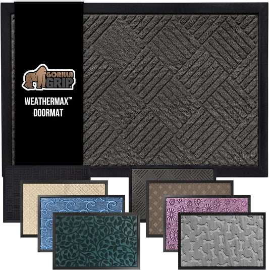 GORILLA GRIP 100% Waterproof All-Season WeatherMax Doormat US Designed Natural Rubber, Stain and Fade Resistant, Low Profile Indoor Outdoor Door Mats, Easy Clean Patio Mat, 17x29, Gray Diamond