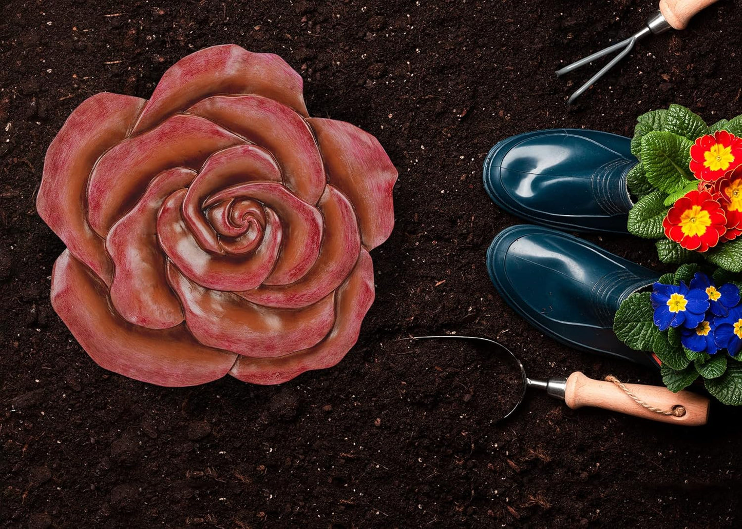 NAT & Jules Rose Flower Shaped Dimensional Indoor Outdoor 12 inch Cast Resin Decorative Garden Stepping Stone, Patio, Walkway Sculpture Yard Art, Colorful Blush