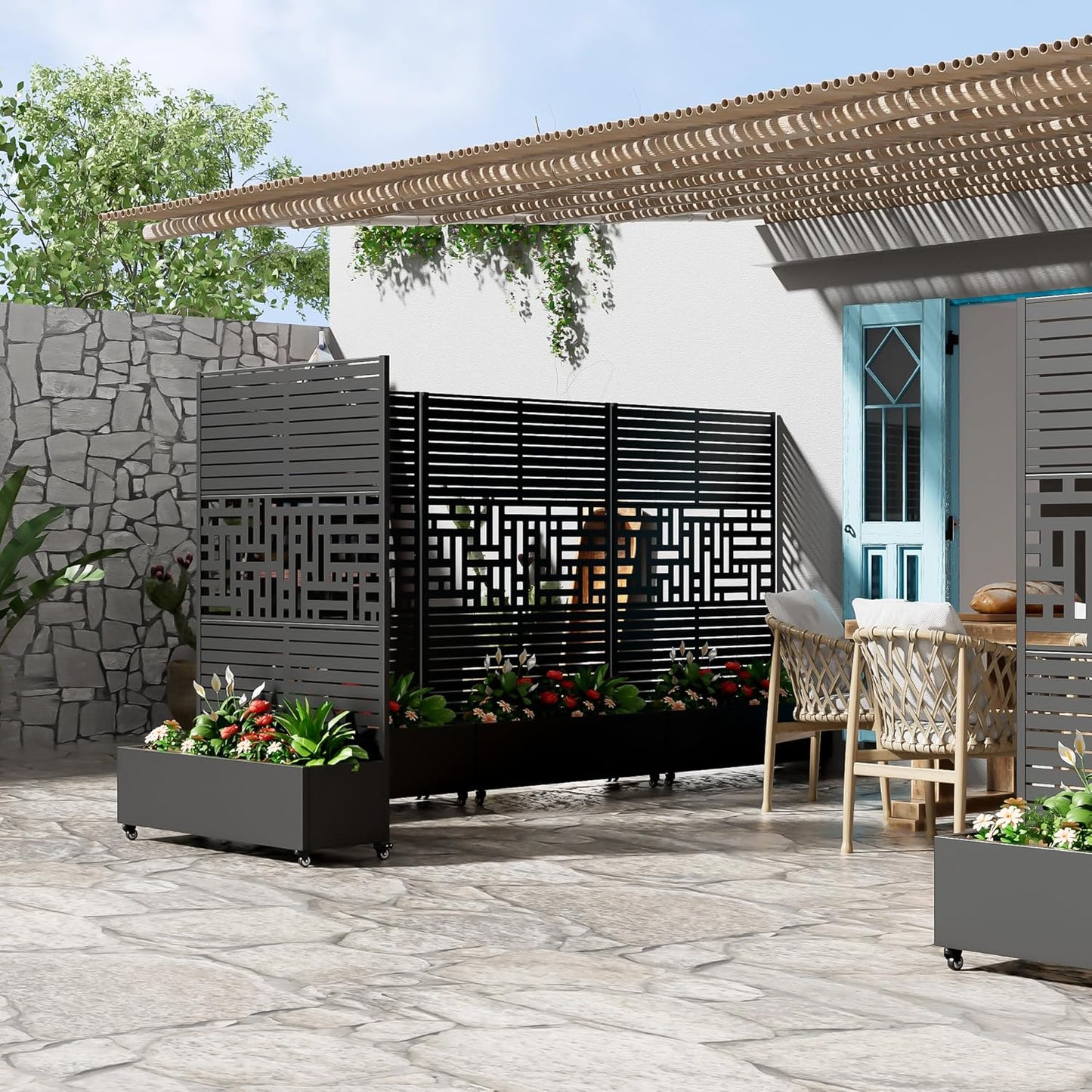 Casaphoria Metal Raised Garden Bed with Trellis and Wheels, 72"x47"x16" Planter Box for Climbing Plants, Vegetables & Vines, Features Drainage Holes and Privacy Screen, Black(Louvered&Helen)