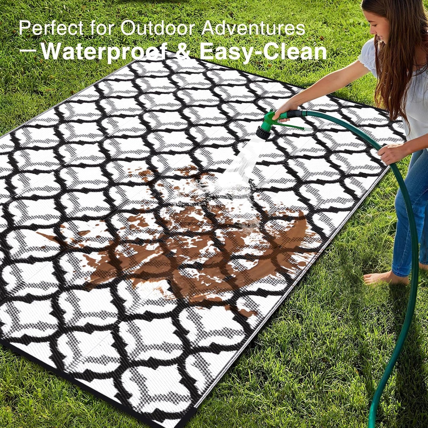 OLANLY Reversible Outdoor Rug 9x12 ft Clearance, Waterproof Outdoor Plastic Straw Rug with Interlacing Pattern, RV Mat for Patio, Camping, Balcony, Deck, Backyard, Black & White