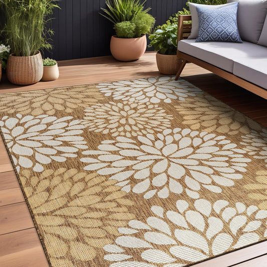 Beverly Rug Outdoor Rug 8x10 Modern Exotic Tropical Leaf Area Rugs for Indoor and Outdoor Patio Deck Porch Garden Water Resistant Washable Outside Carpet (8 x 10 Wooden)