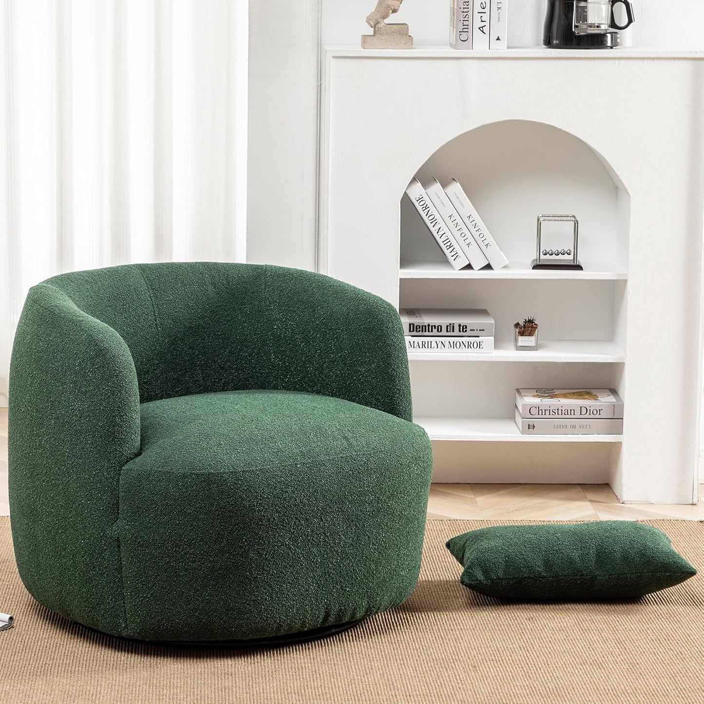 KINWELL 34" Wide Boucle Swivel Barrel Chairs Set of 2, No Assembly Round Upholstered Armchairs Accent Chairs Single Sofa Chair with Toss Pillow for Living Room and Bedroom, Green