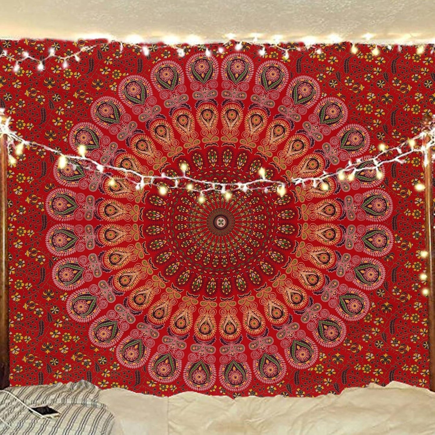 Bless International Handmade Indian hippie Bohemian Psychedelic Peacock Mandala Wall hanging College Dorm Beach Throws Table Cloth Bedding Tapestry (Golden Red, Twin(54x72Inches)(140x185cms))