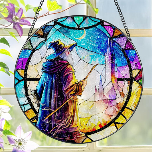 Stained Glass Window Hanging, LAOWEIKI 8'' Witch Suncatcher, Stained Glass Ornament, Suncatchers for Windows Hanging, Window Decor, Outdoor or Indoor, Gifts for Friends