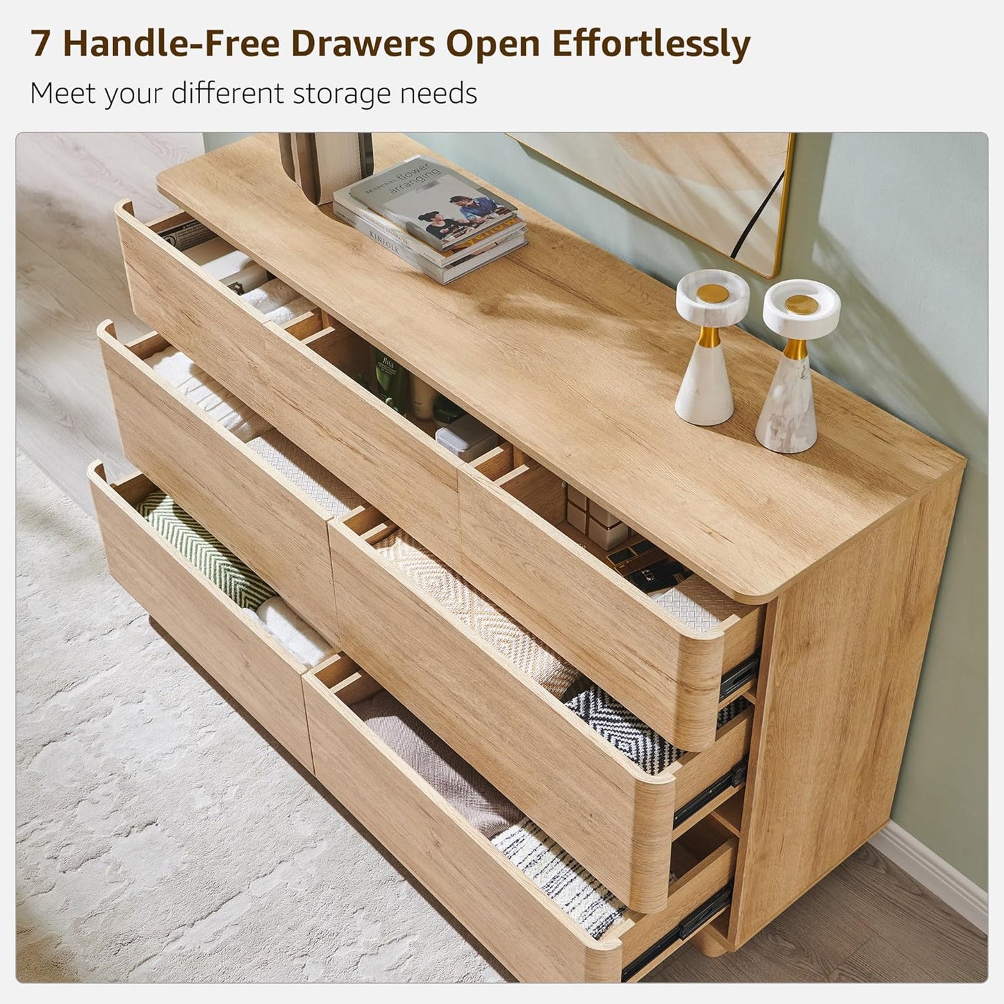 Modern 7 Drawer Dresser for Bedroom, 52" Wide Handleless Chest of Drawers, Large Push-to-Open Wood Storage w/Curved Profile, Dresser TV Stand for Bedroom, Living Room, Hallway, Natural Oak