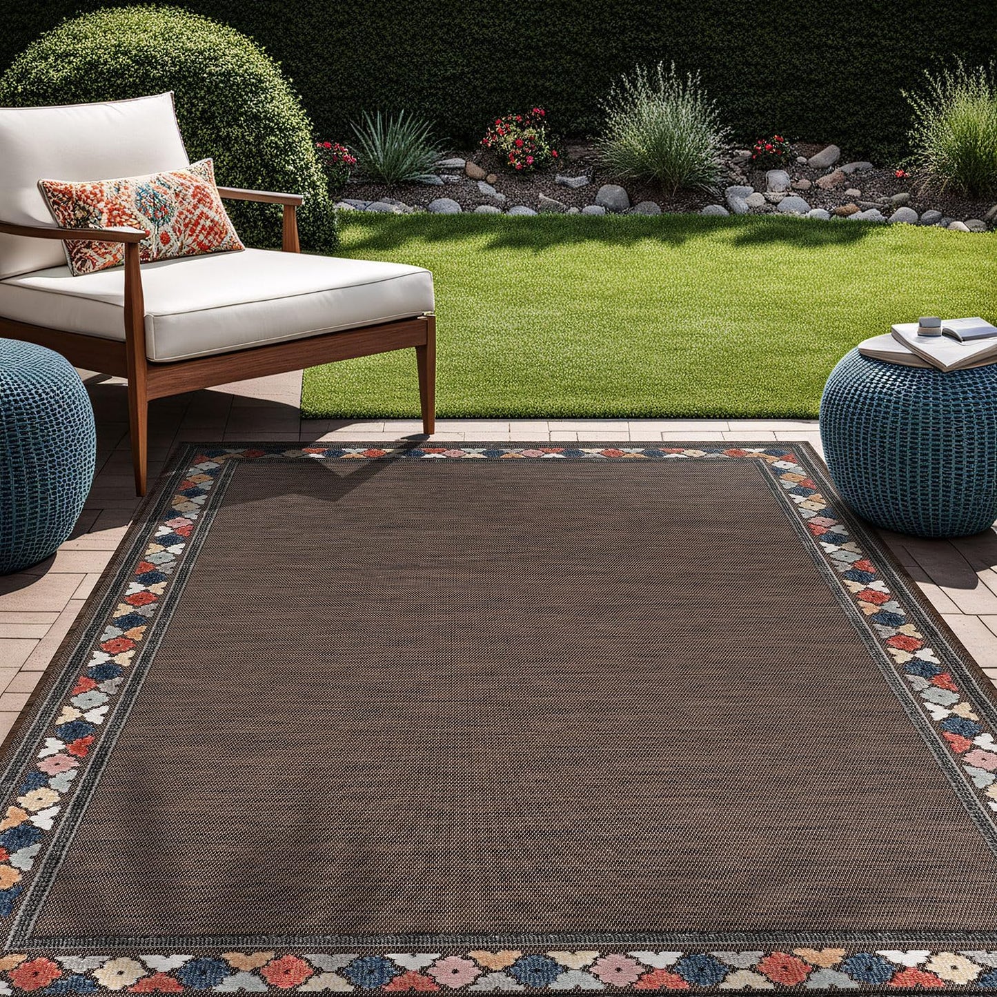 Beverly Rug Outdoor Rug 10x14 Modern Bordered Large Area Rugs for Indoor and Outdoor Patio Easy to Clean Non Shedding Living Room Porch Garden Washable Outside Carpet (10 x 14 Brown)